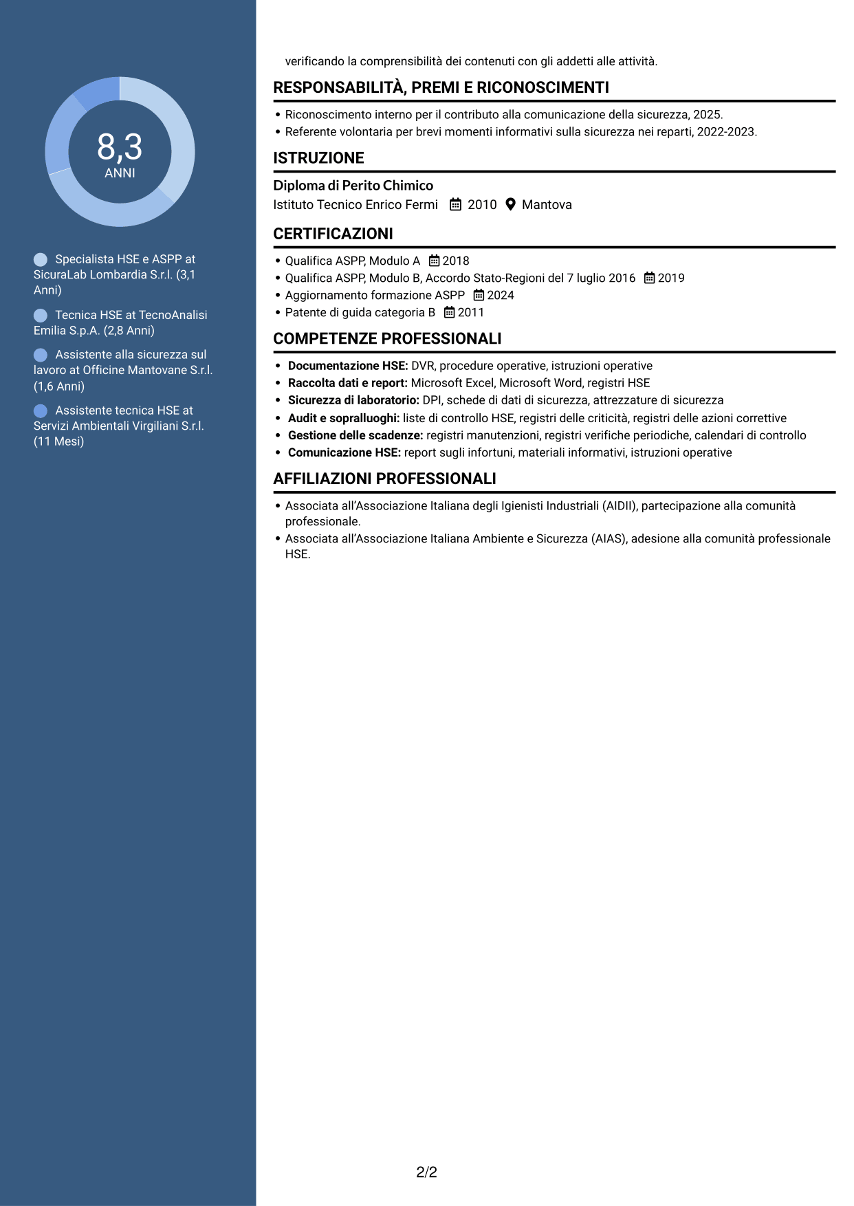CV Elegante (formato con colonna laterale colorata e foto): Specialista HSE e Qualità - ASPP, pagina 2