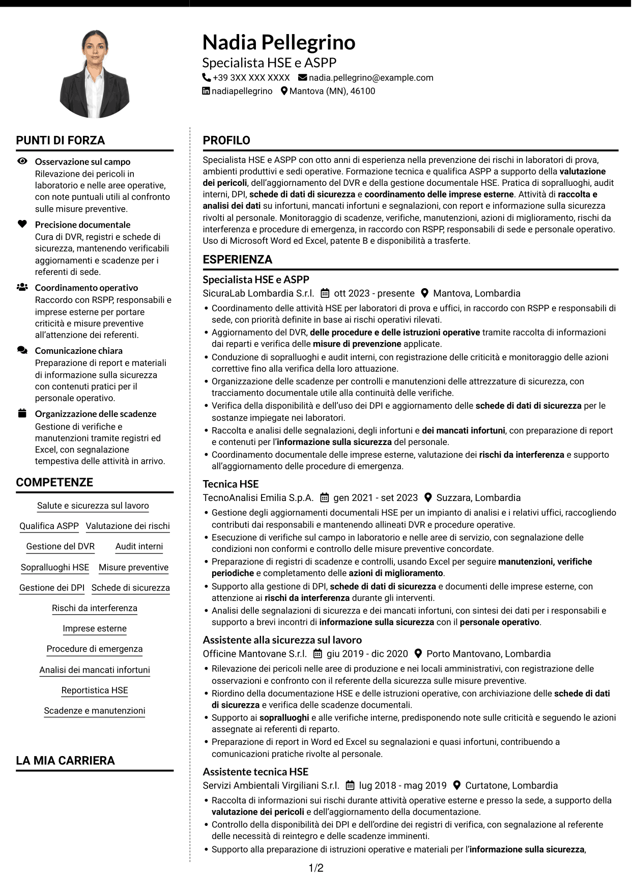 CV Moderno (formato a due colonne con foto a sinistra e separatore): Specialista HSE e Qualità - ASPP, pagina 1