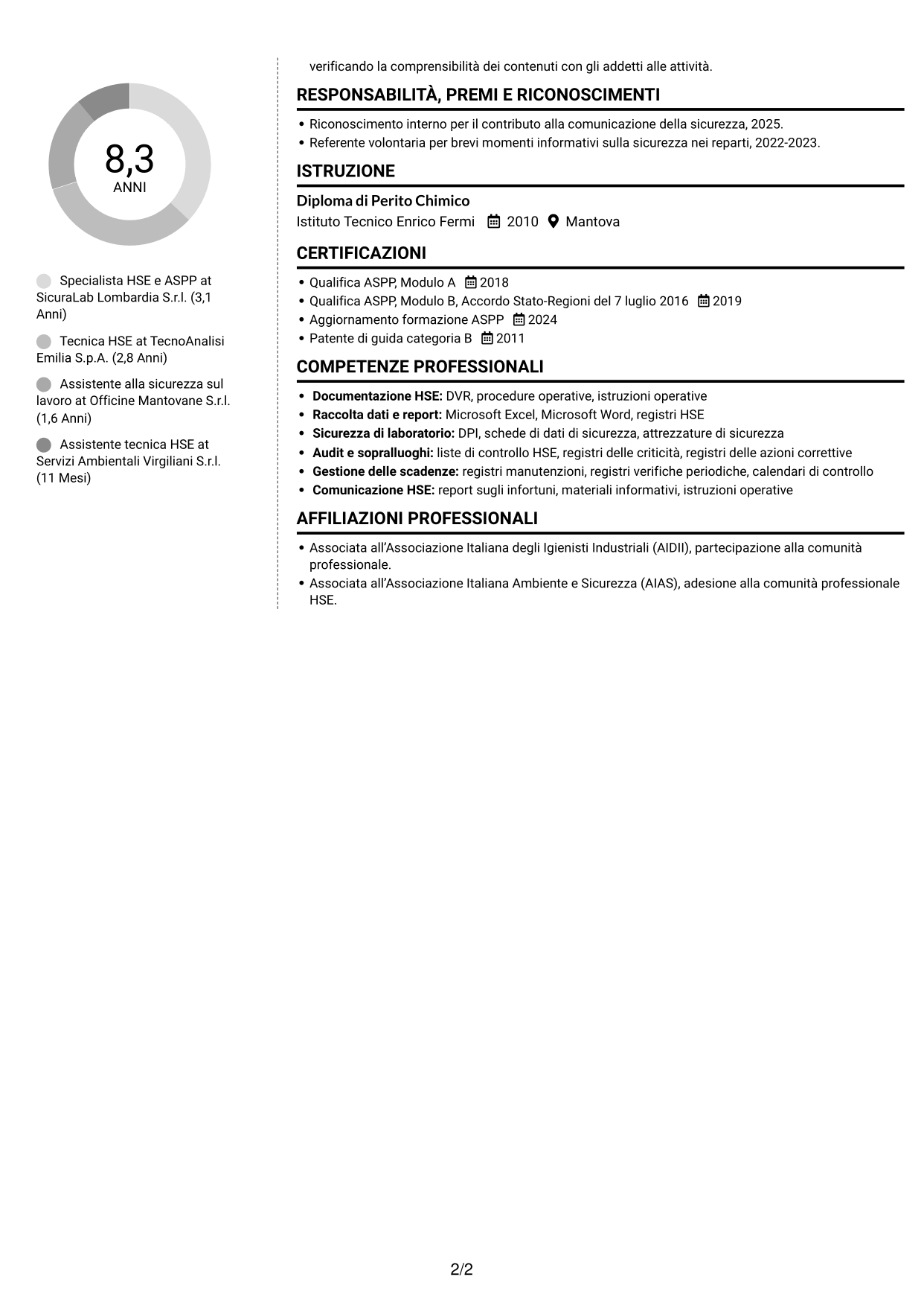 CV Moderno (formato a due colonne con foto a sinistra e separatore): Specialista HSE e Qualità - ASPP, pagina 2