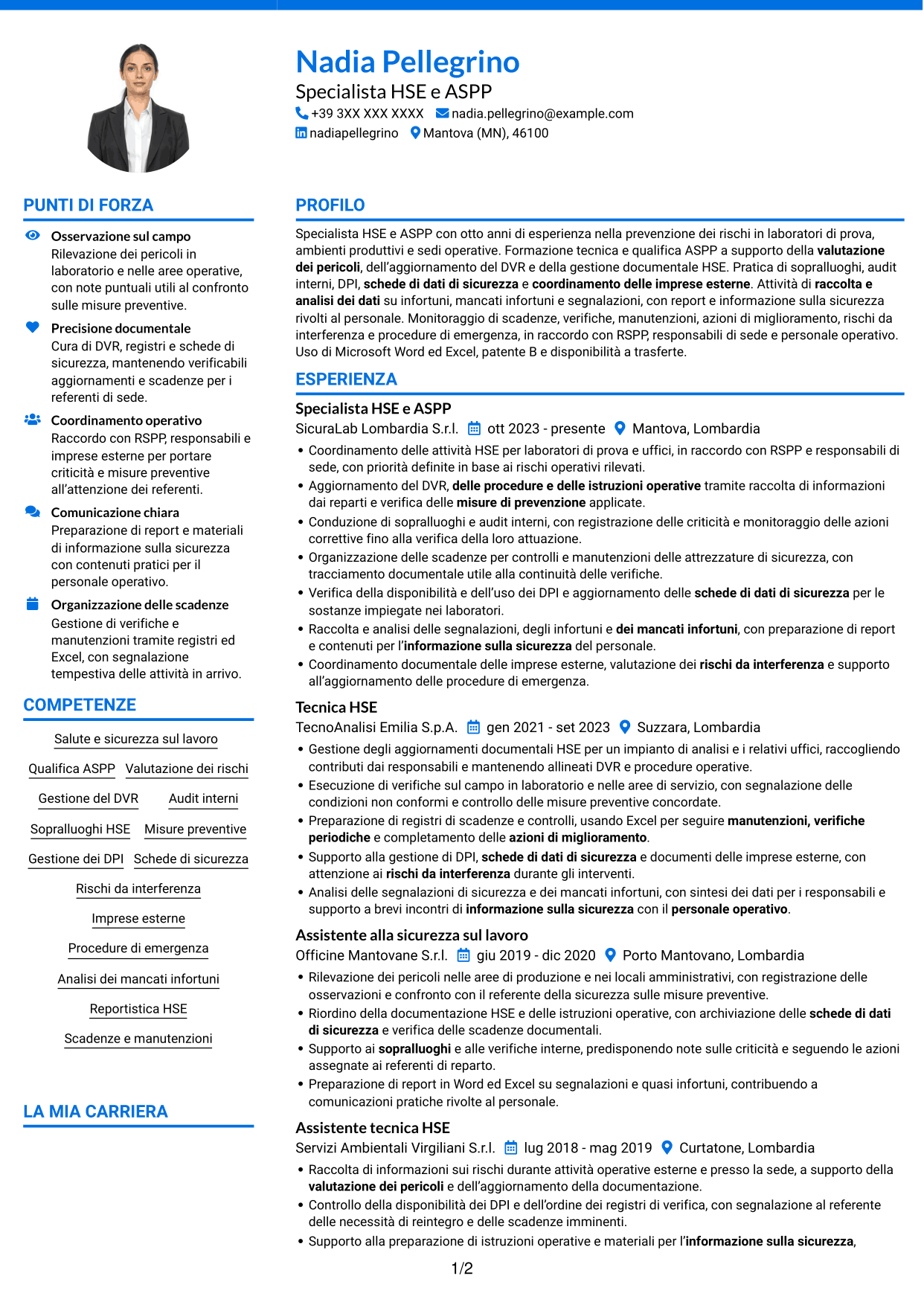 CV Audace (formato a due colonne con accenti colorati e foto): Specialista HSE e Qualità - ASPP, pagina 1