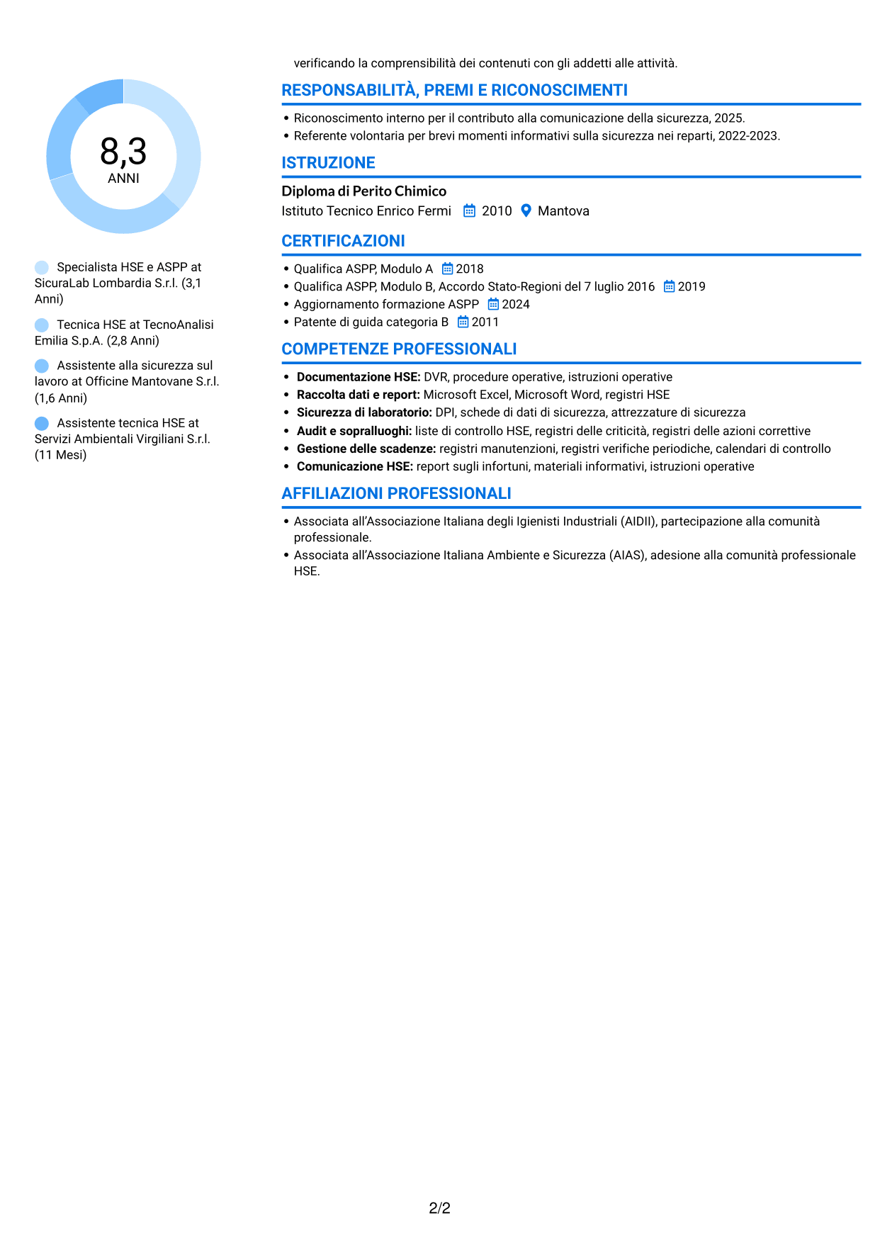 CV Audace (formato a due colonne con accenti colorati e foto): Specialista HSE e Qualità - ASPP, pagina 2