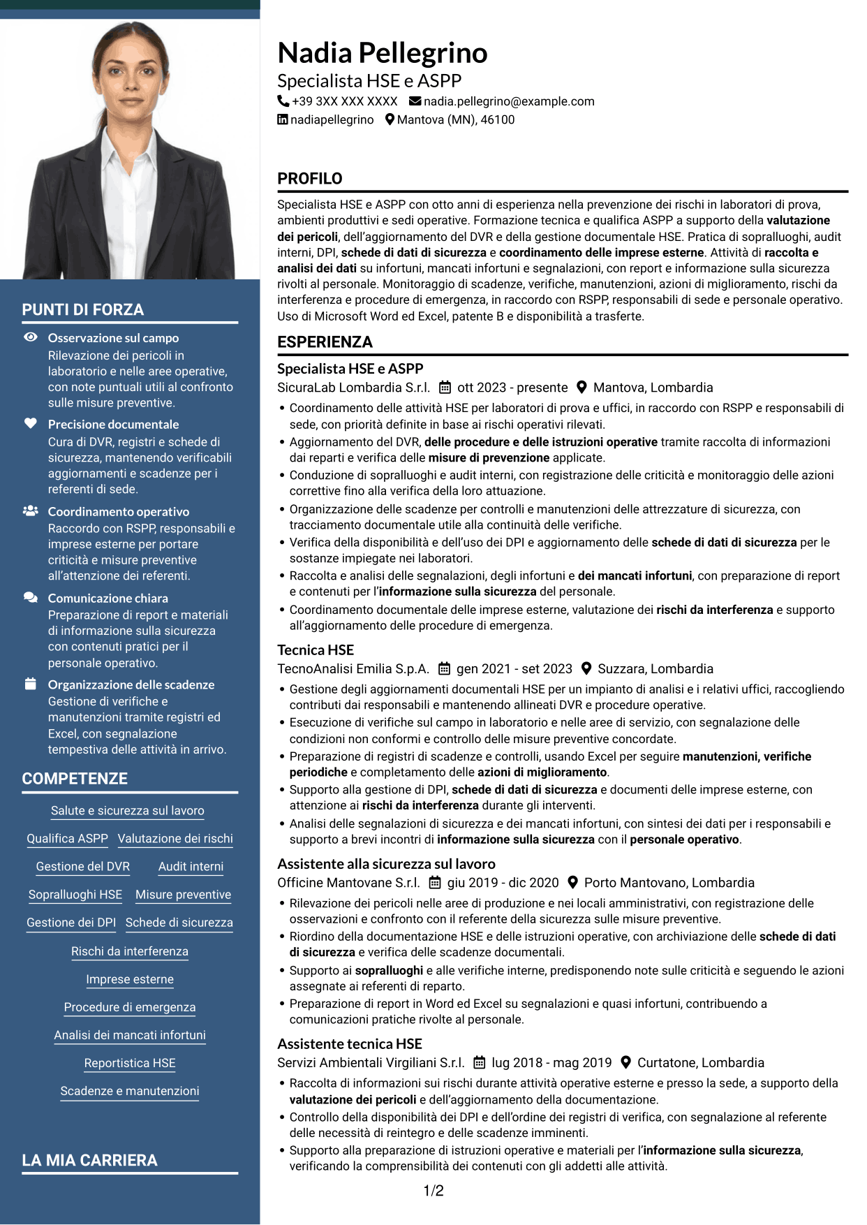 CV Signature (formato con colonna laterale colorata e foto grande): Specialista HSE e Qualità - ASPP, pagina 1