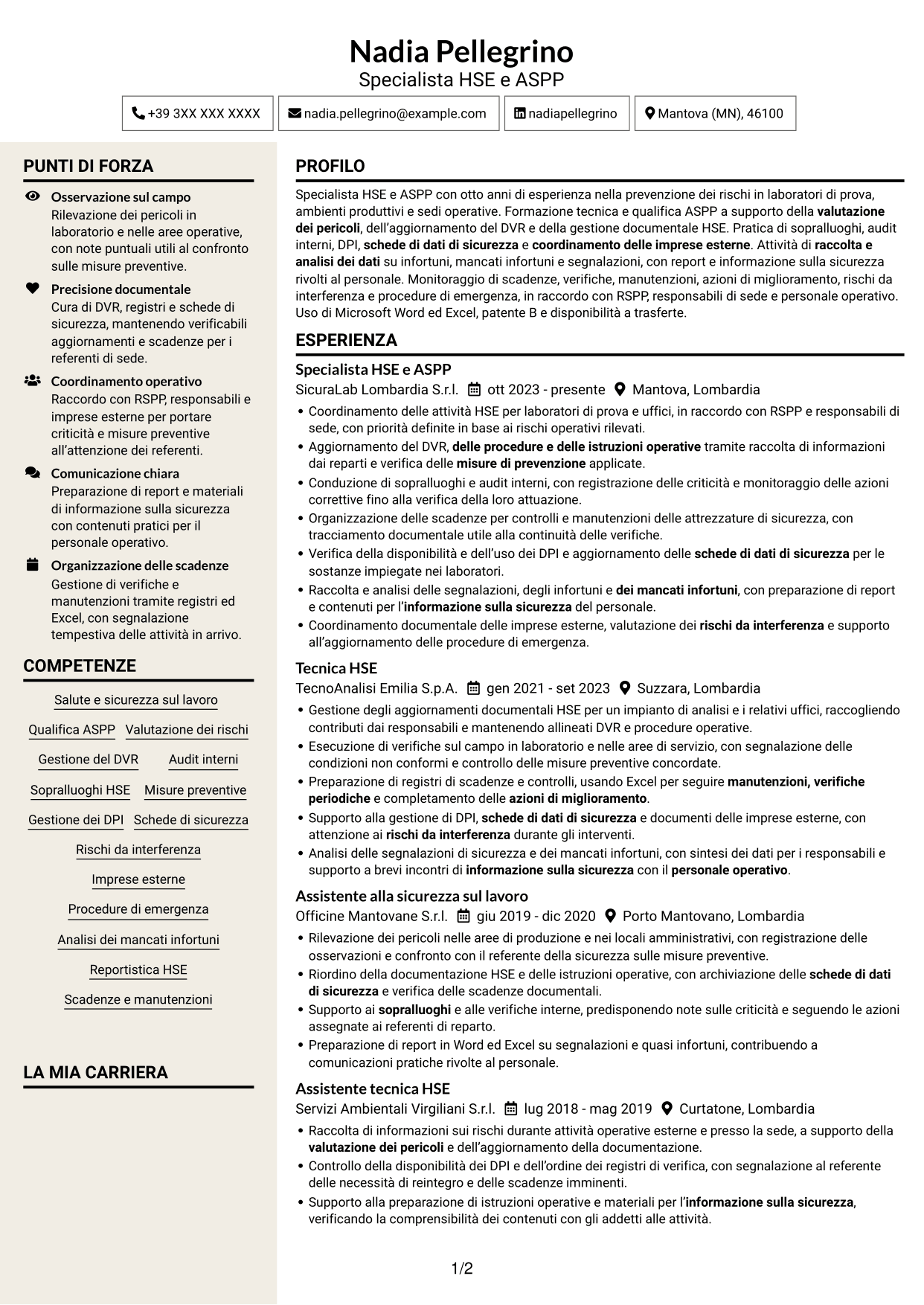 CV Intraprendente (formato a due colonne con intestazione centrata senza foto): Specialista HSE e Qualità - ASPP, pagina 1