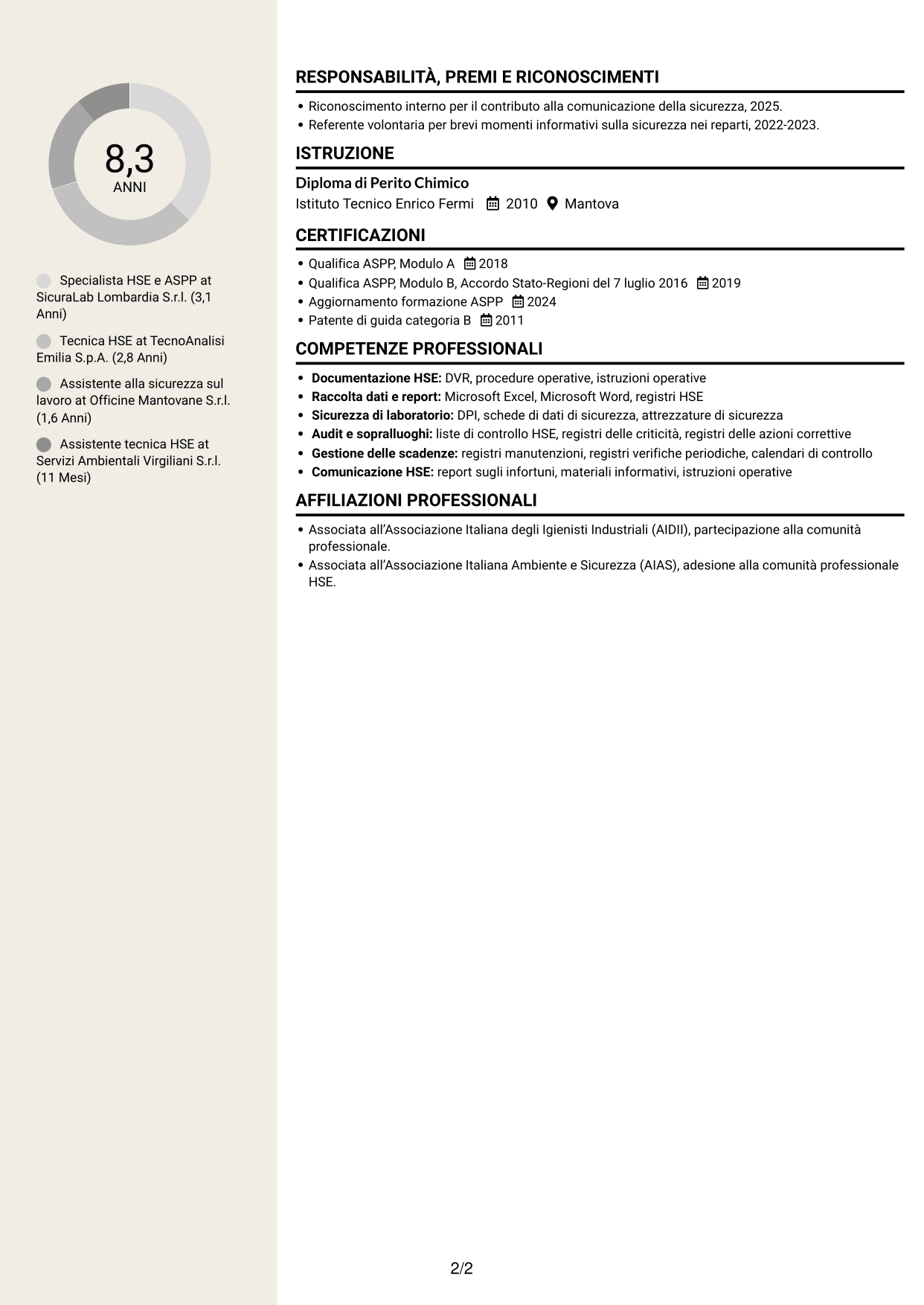 CV Intraprendente (formato a due colonne con intestazione centrata senza foto): Specialista HSE e Qualità - ASPP, pagina 2