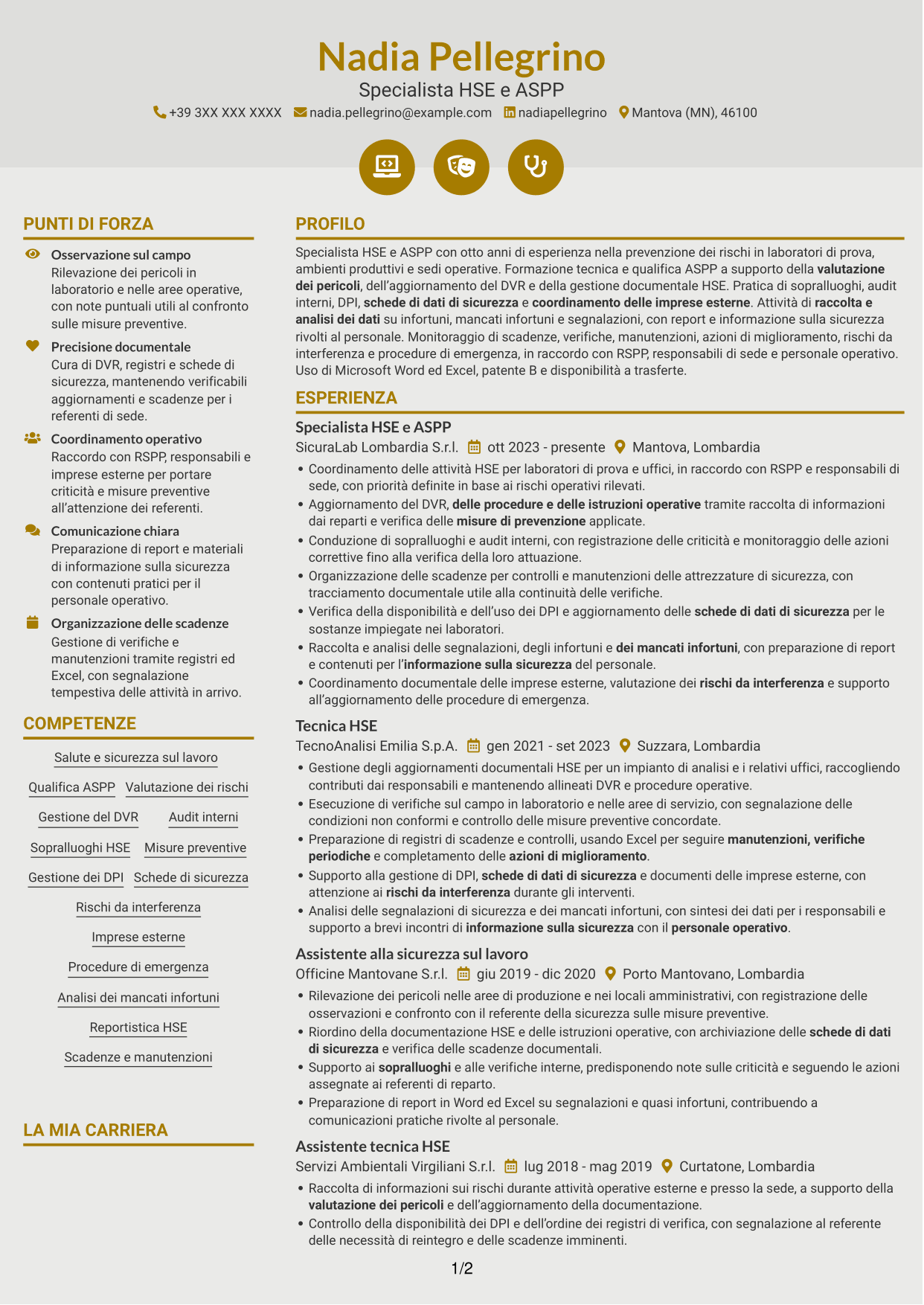 CV Dinamico (formato a due colonne con icone): Specialista HSE e Qualità - ASPP, pagina 1