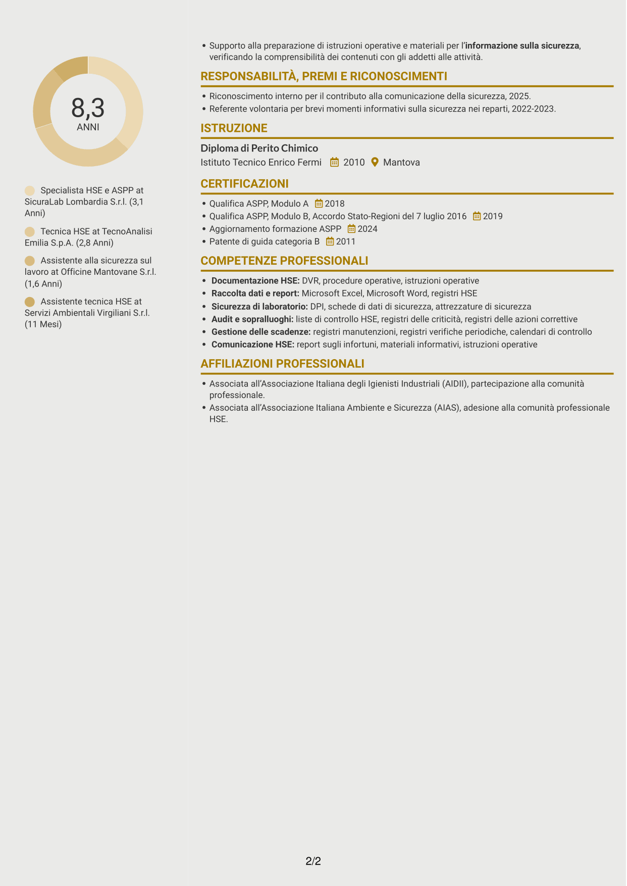 CV Dinamico (formato a due colonne con icone): Specialista HSE e Qualità - ASPP, pagina 2