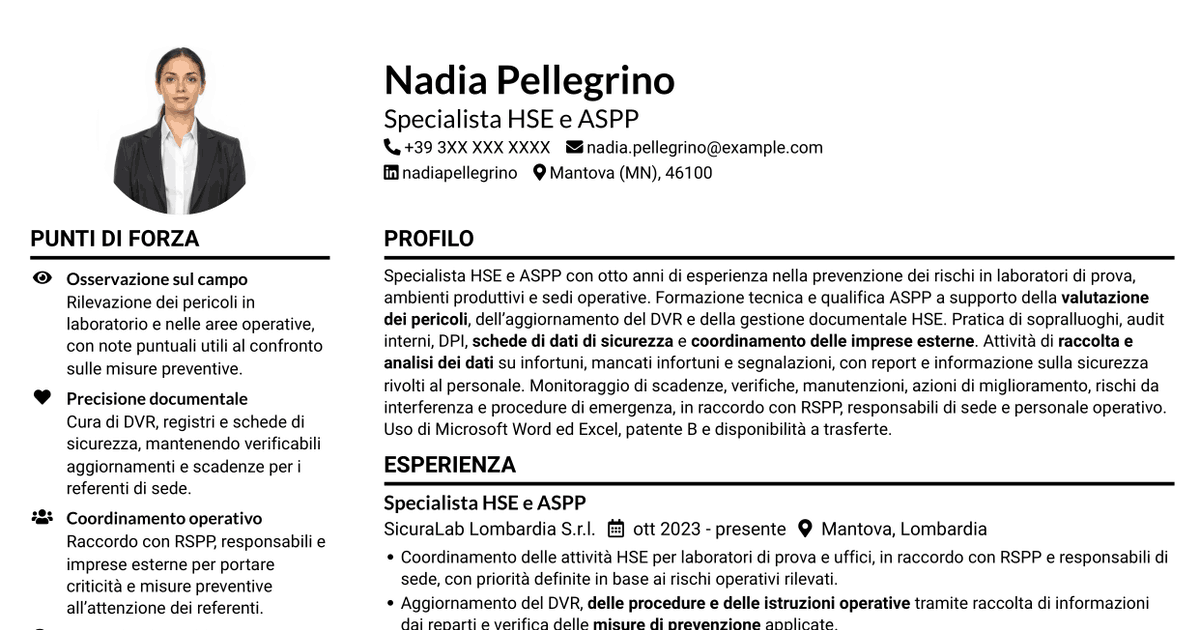7 modelli di CV per Specialista HSE e Qualità - ASPP, con esempi