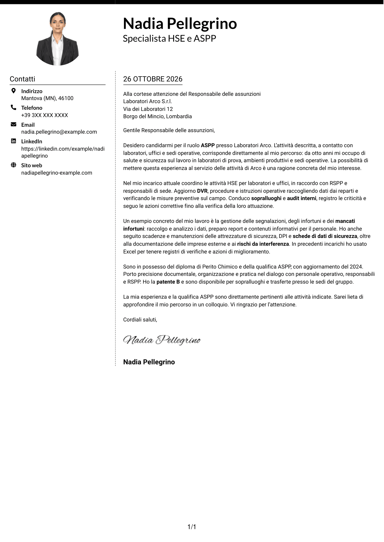 Lettera di presentazione Moderno (formato a due colonne con foto a sinistra e separatore): Specialista HSE e Qualità - ASPP, pagina 1