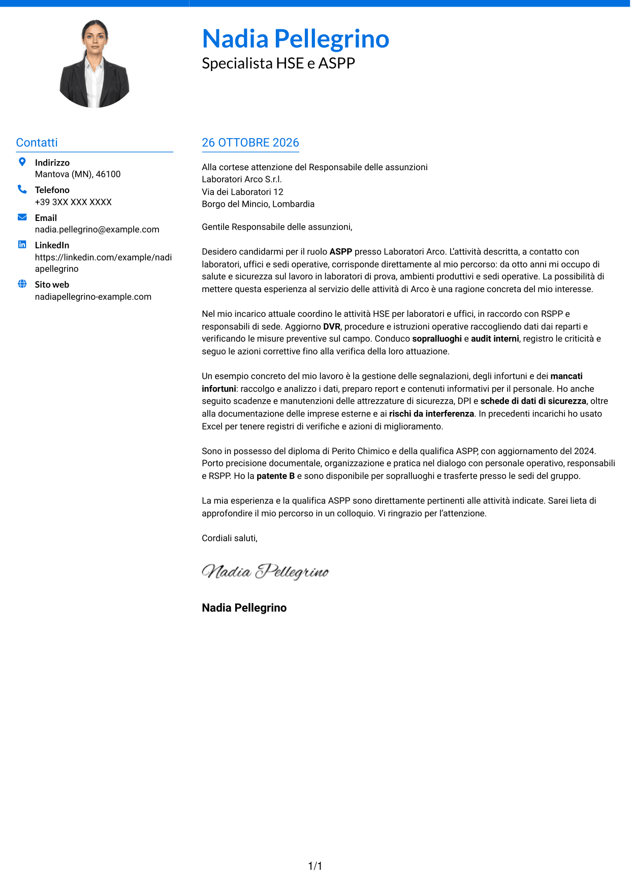 Lettera di presentazione Audace (formato a due colonne con accenti colorati e foto): Specialista HSE e Qualità - ASPP, pagina 1