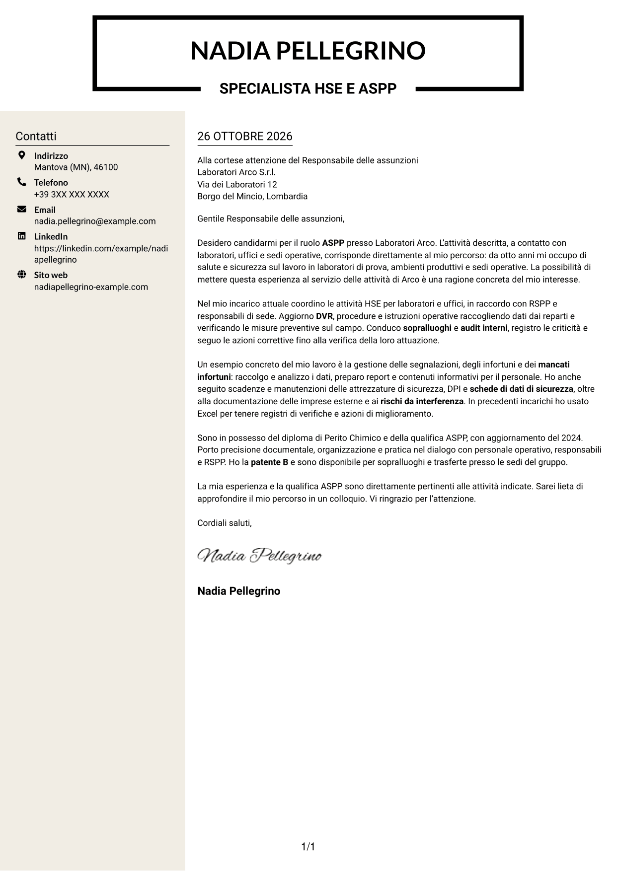 Lettera di presentazione Intraprendente (formato a due colonne con intestazione centrata senza foto): Specialista HSE e Qualità - ASPP, pagina 1