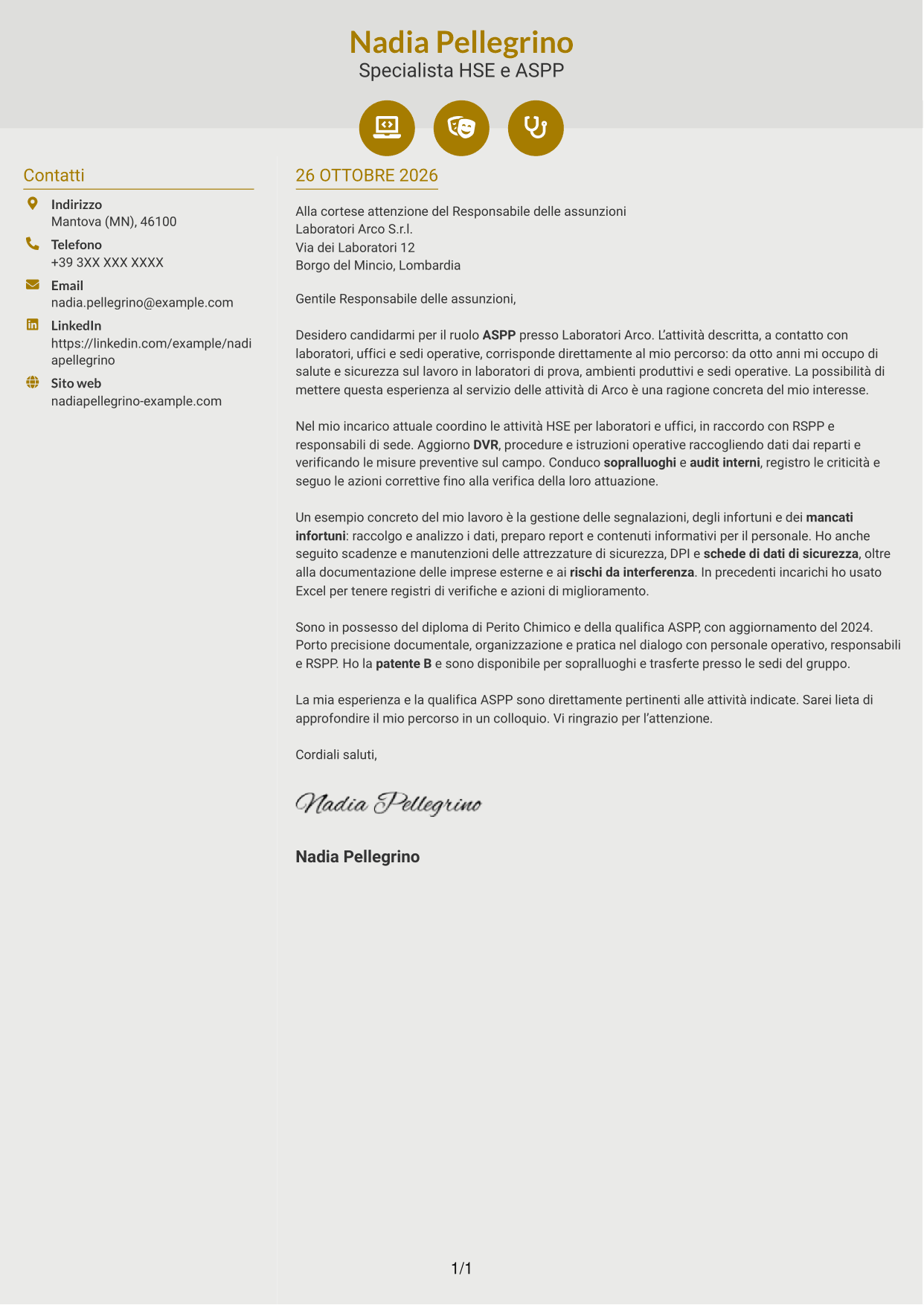 Lettera di presentazione Dinamico (formato a due colonne con icone): Specialista HSE e Qualità - ASPP, pagina 1