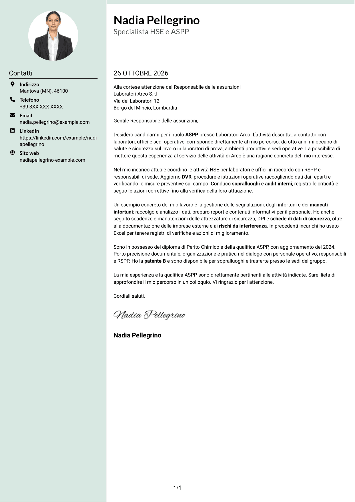Lettera di presentazione Dirigente (formato con colonna laterale tenue e foto arrotondata): Specialista HSE e Qualità - ASPP, pagina 1
