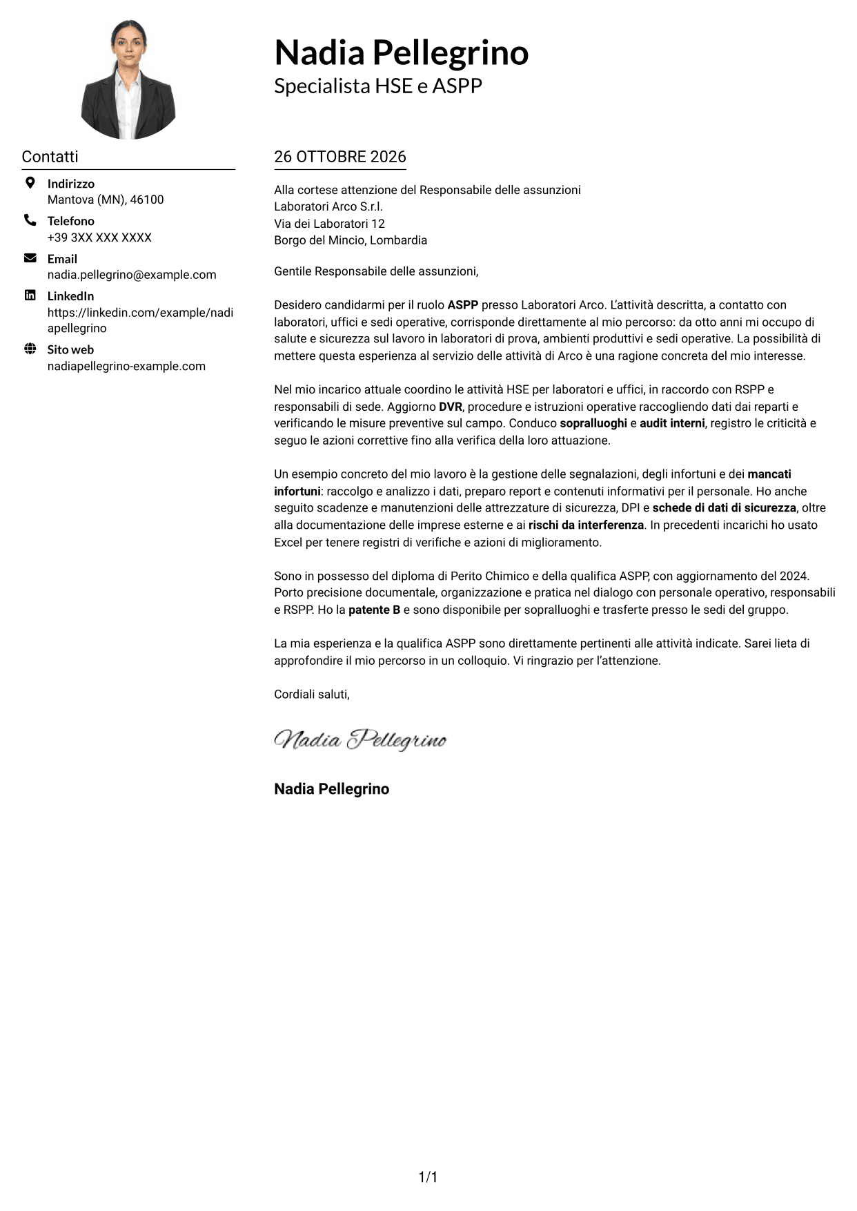 Esempio di lettera di presentazione — pagina 1