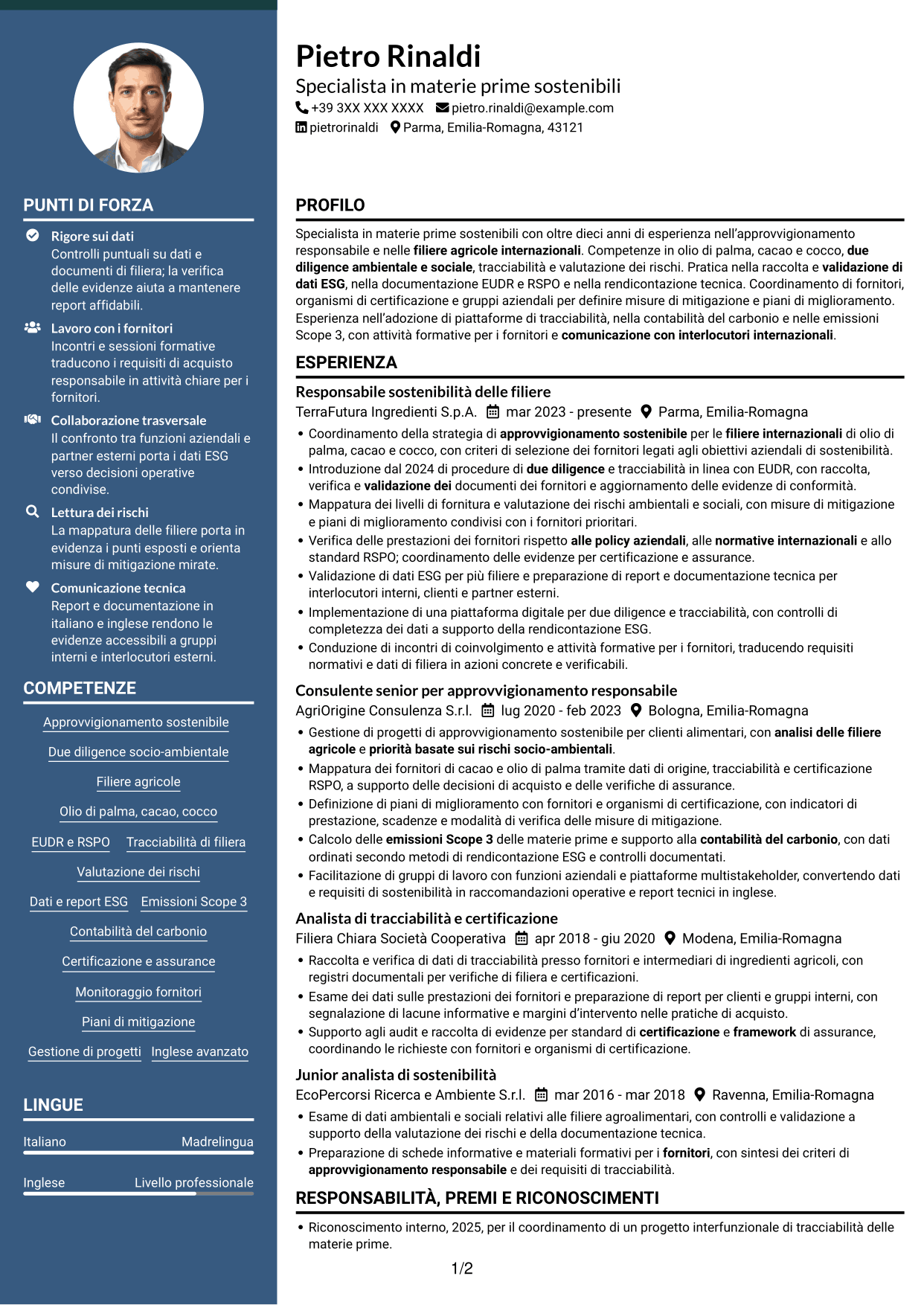 CV Elegante (formato con colonna laterale colorata e foto): Specialista in materie prime sostenibili e due diligence, pagina 1