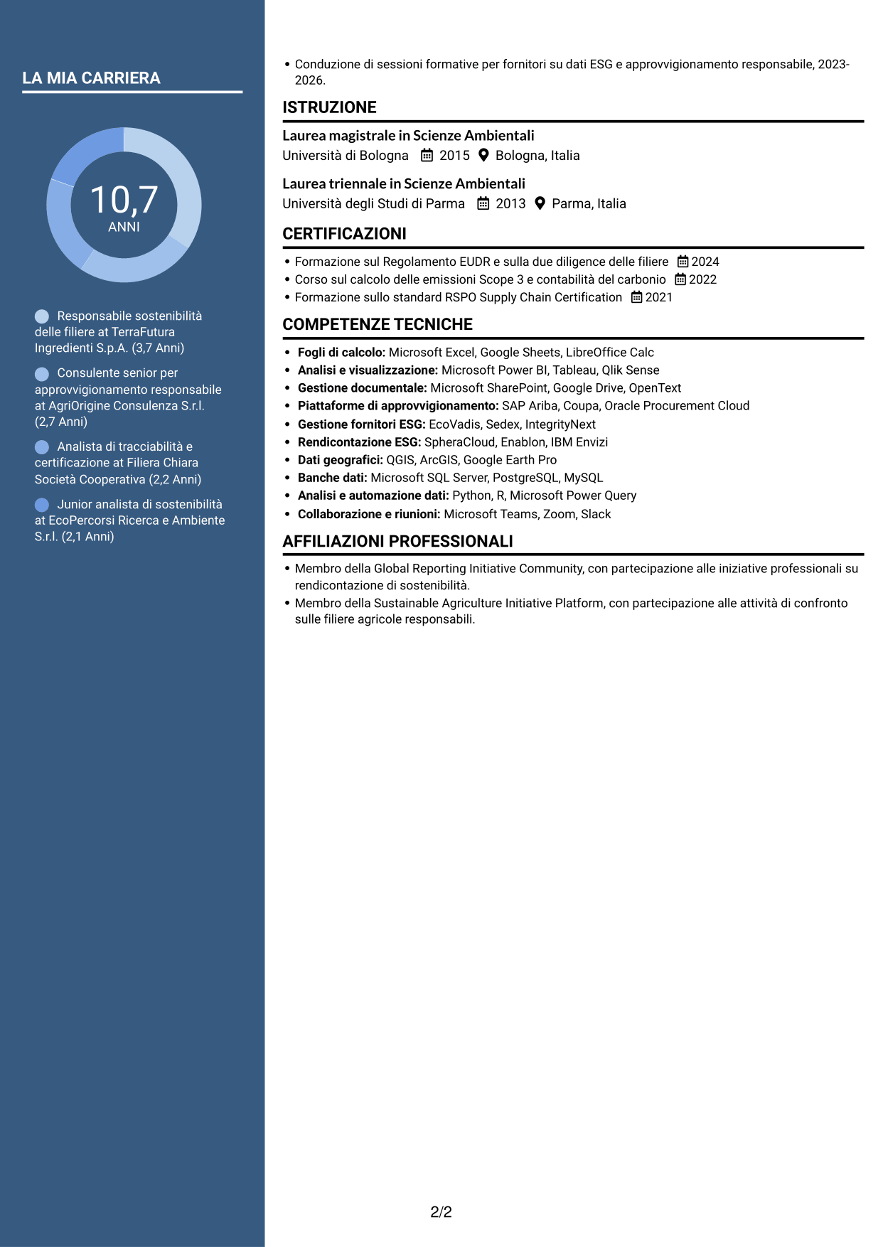 CV Elegante (formato con colonna laterale colorata e foto): Specialista in materie prime sostenibili e due diligence, pagina 2