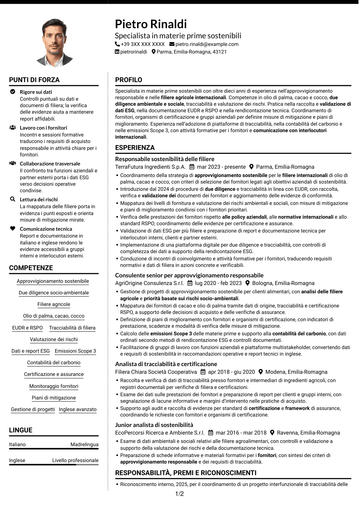 CV Moderno (formato a due colonne con foto a sinistra e separatore): Specialista in materie prime sostenibili e due diligence, pagina 1