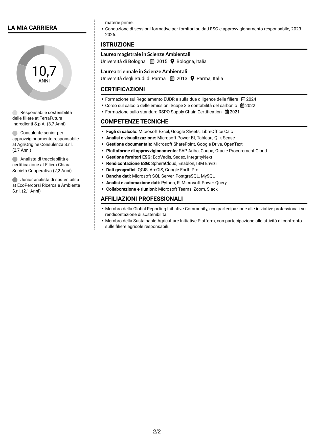 CV Moderno (formato a due colonne con foto a sinistra e separatore): Specialista in materie prime sostenibili e due diligence, pagina 2