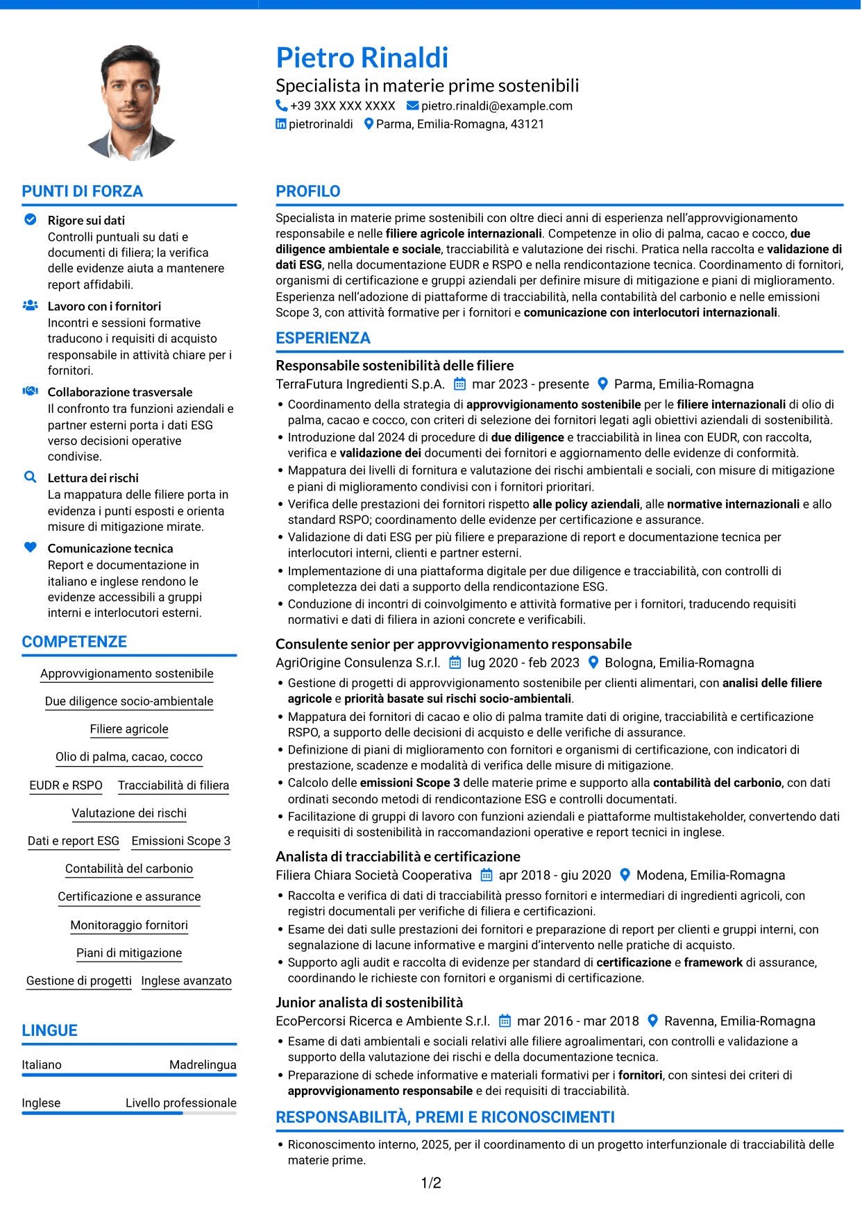 CV Audace (formato a due colonne con accenti colorati e foto): Specialista in materie prime sostenibili e due diligence, pagina 1