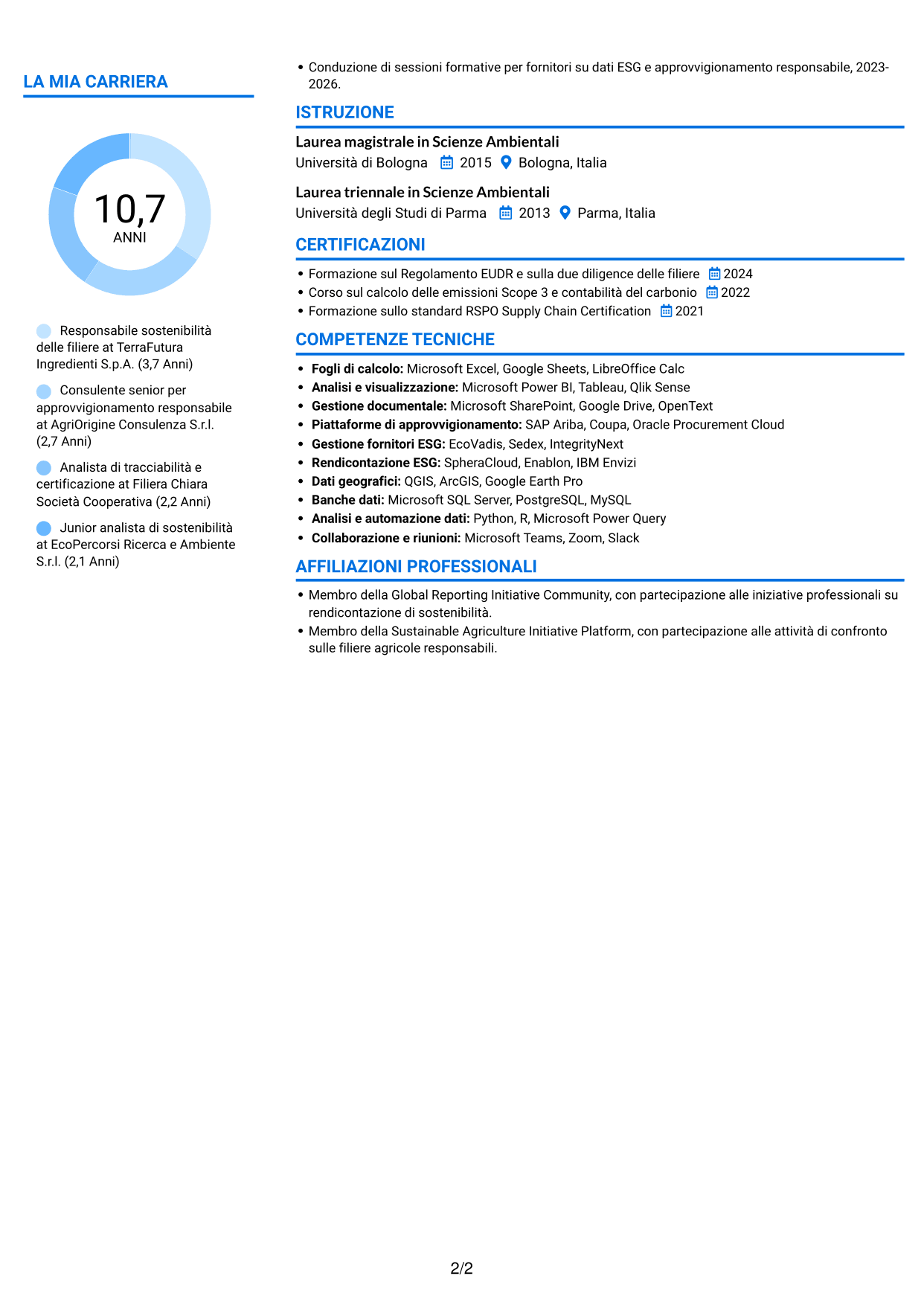 CV Audace (formato a due colonne con accenti colorati e foto): Specialista in materie prime sostenibili e due diligence, pagina 2