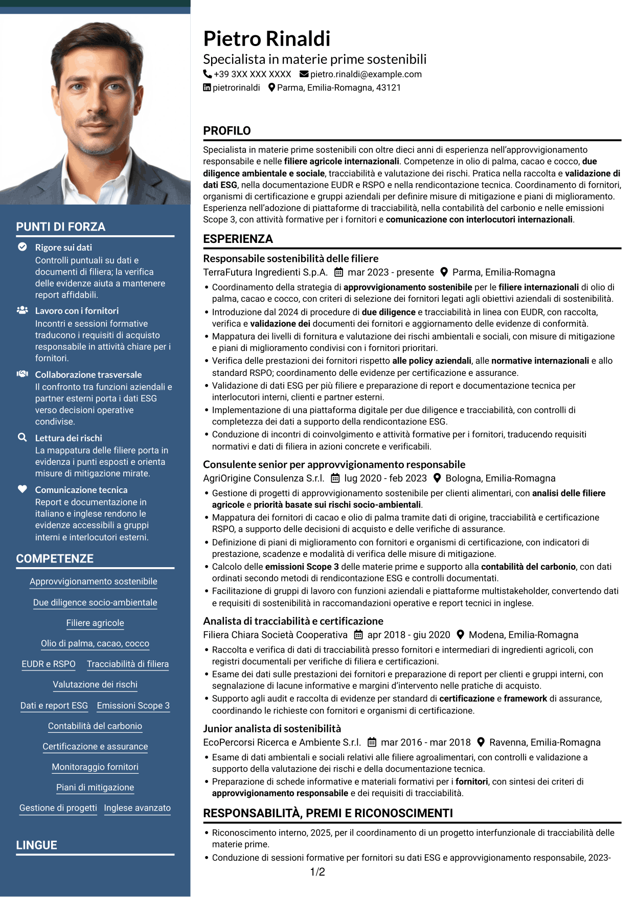 CV Signature (formato con colonna laterale colorata e foto grande): Specialista in materie prime sostenibili e due diligence, pagina 1