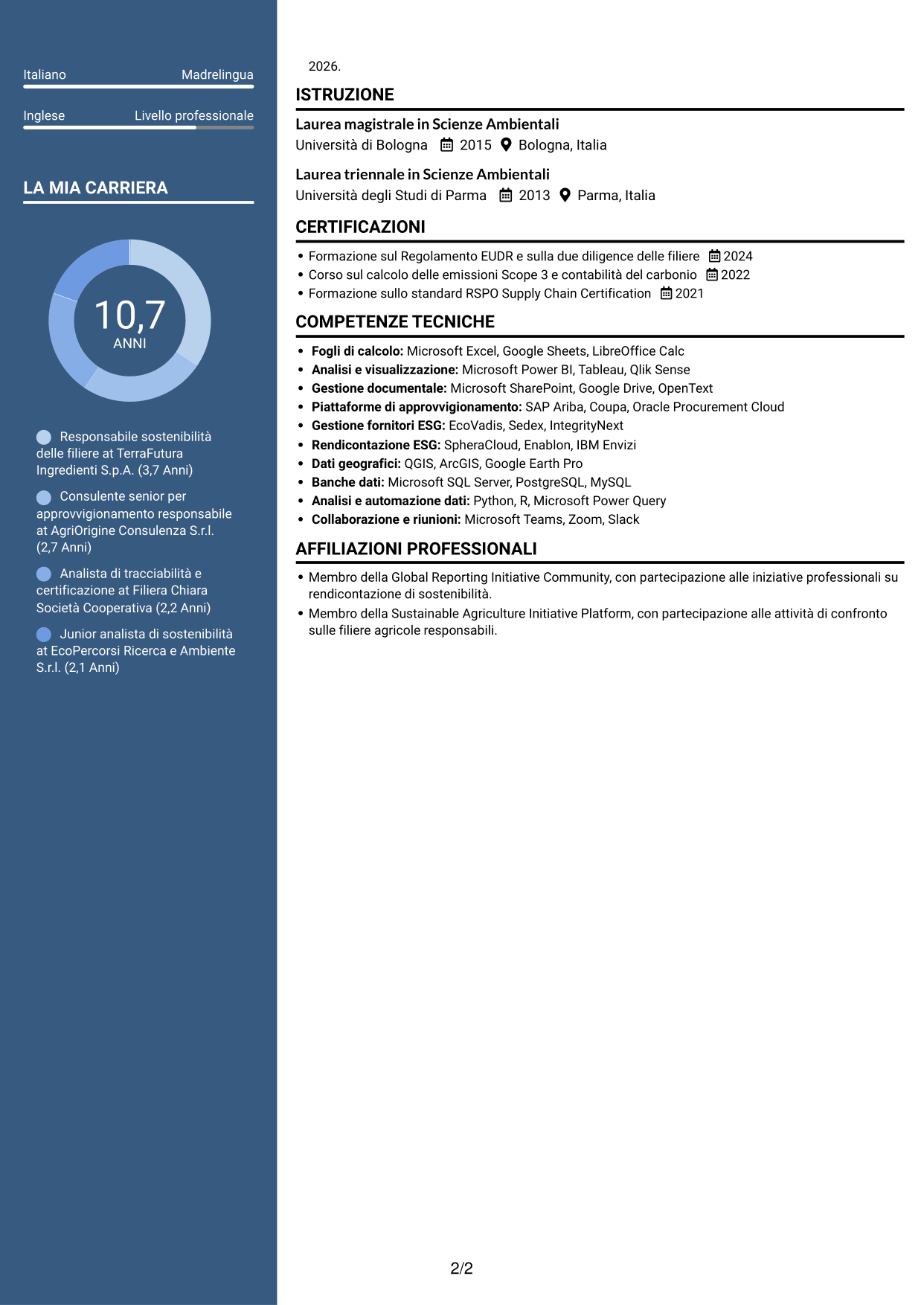 CV Signature (formato con colonna laterale colorata e foto grande): Specialista in materie prime sostenibili e due diligence, pagina 2