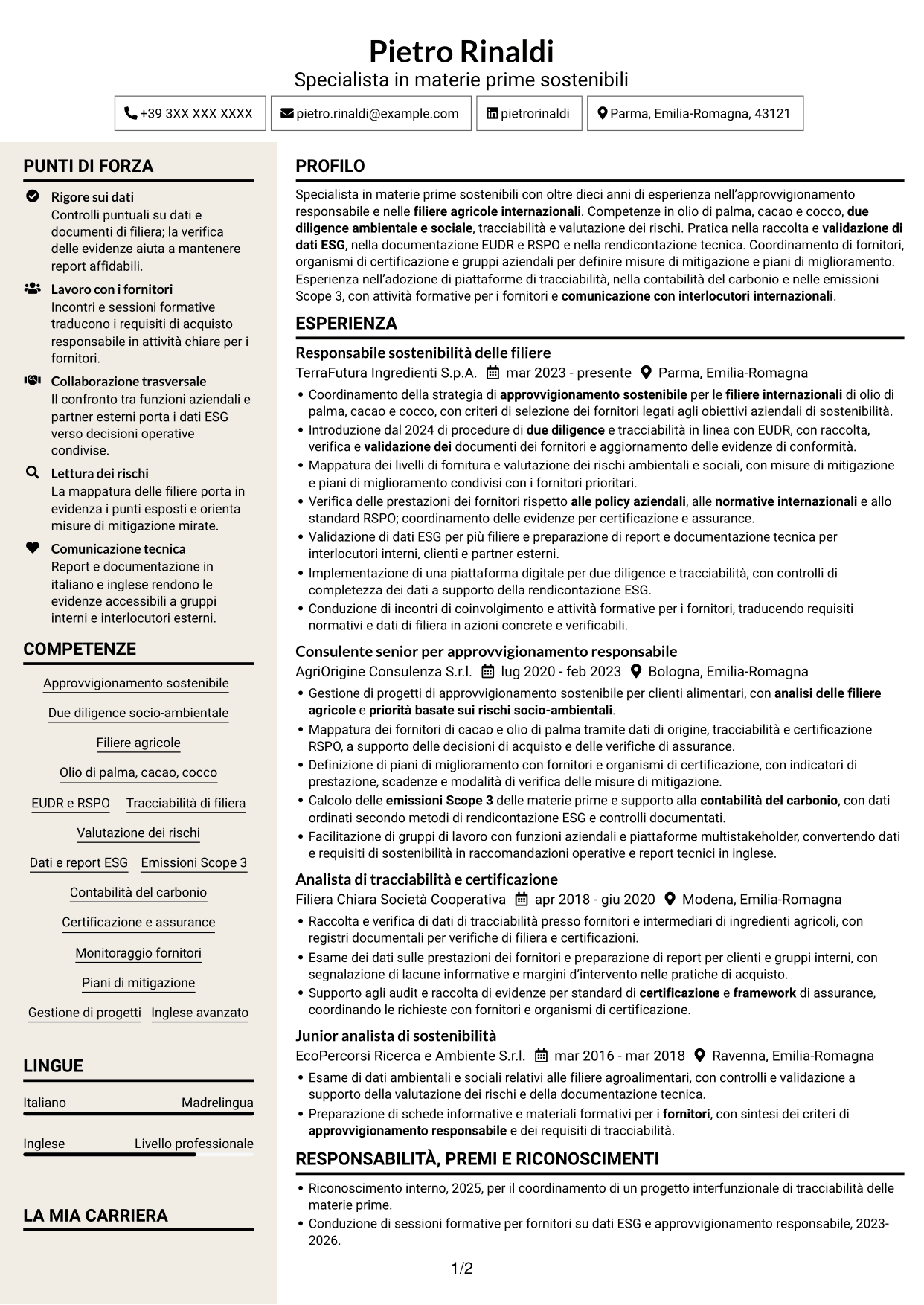 CV Intraprendente (formato a due colonne con intestazione centrata senza foto): Specialista in materie prime sostenibili e due diligence, pagina 1