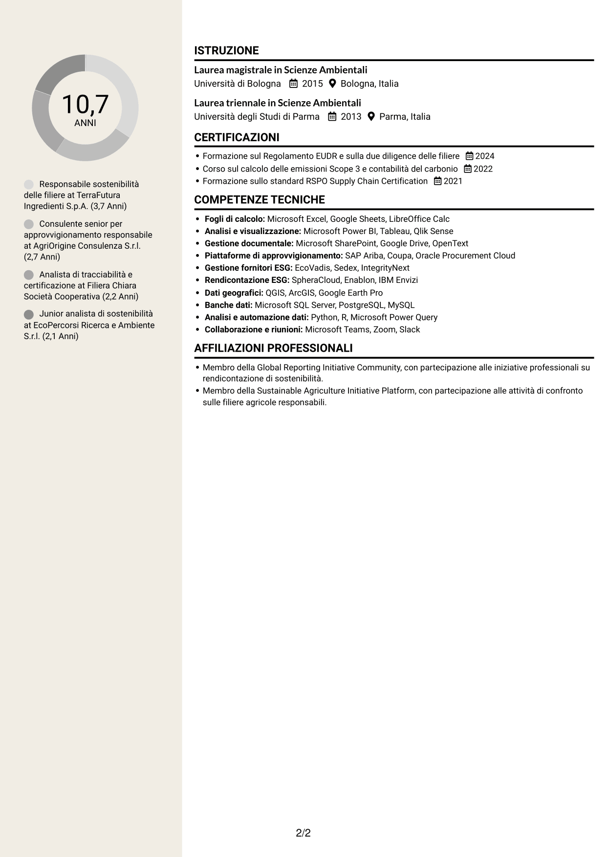 CV Intraprendente (formato a due colonne con intestazione centrata senza foto): Specialista in materie prime sostenibili e due diligence, pagina 2