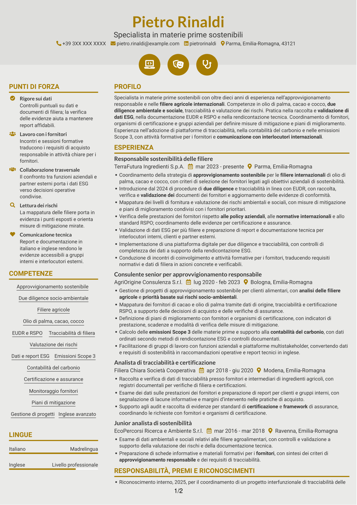 CV Dinamico (formato a due colonne con icone): Specialista in materie prime sostenibili e due diligence, pagina 1