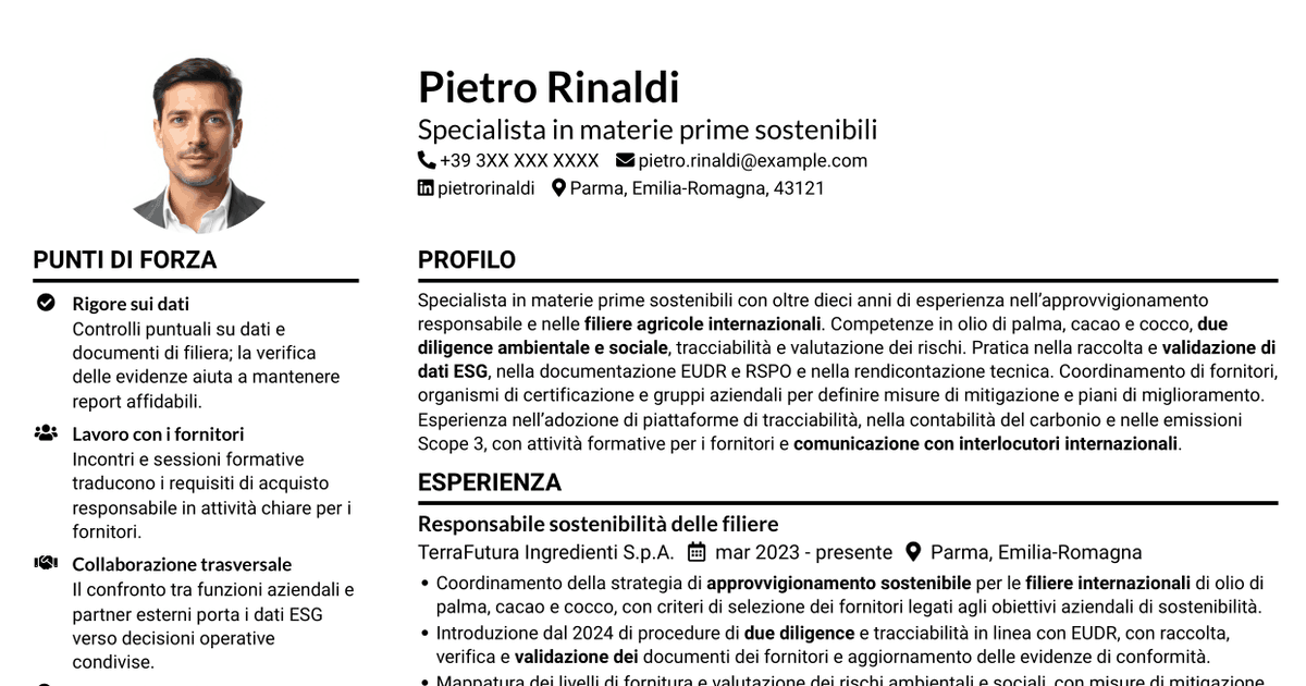7 modelli di CV per Specialista in materie prime sostenibili e due diligence, con esempi
