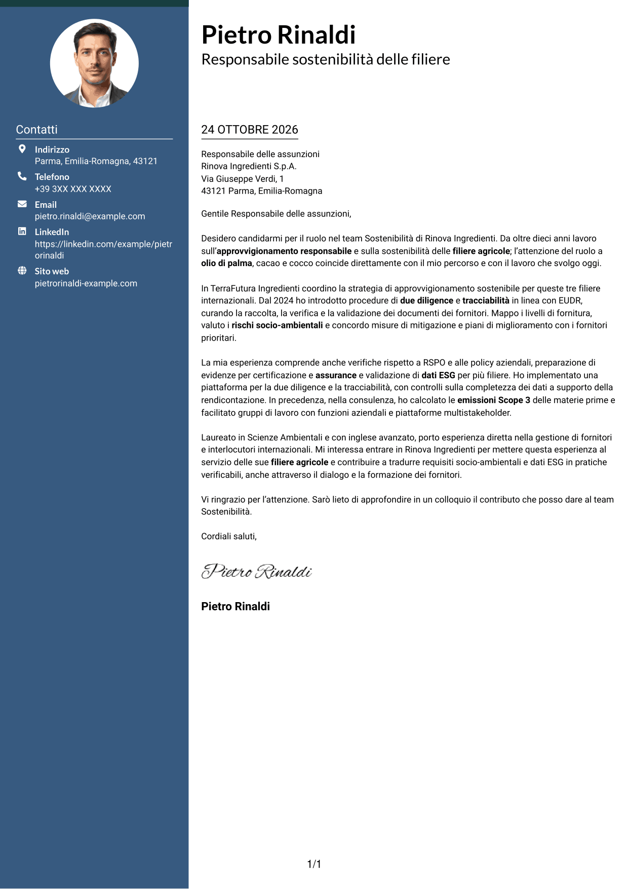 Lettera di presentazione Elegante (formato con colonna laterale colorata e foto): Specialista in materie prime sostenibili e due diligence, pagina 1