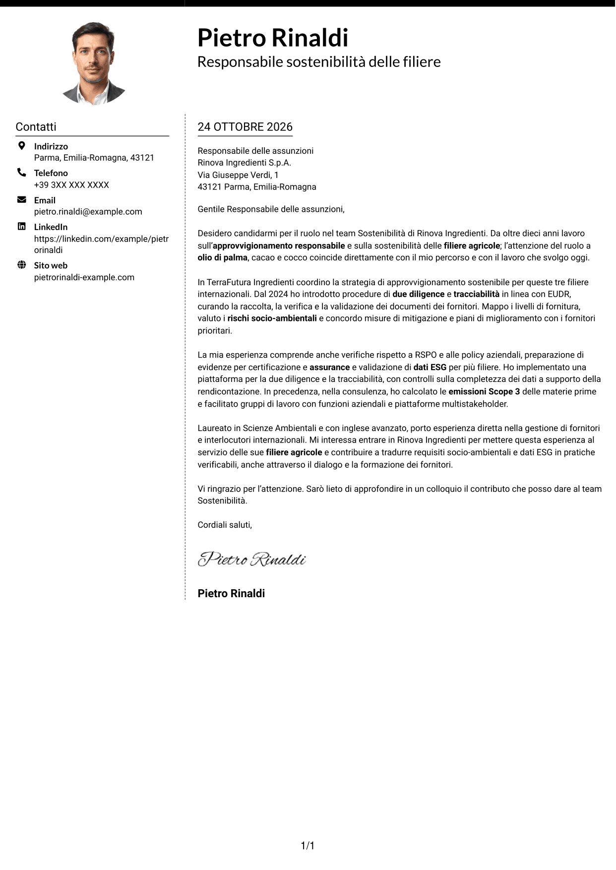 Lettera di presentazione Moderno (formato a due colonne con foto a sinistra e separatore): Specialista in materie prime sostenibili e due diligence, pagina 1