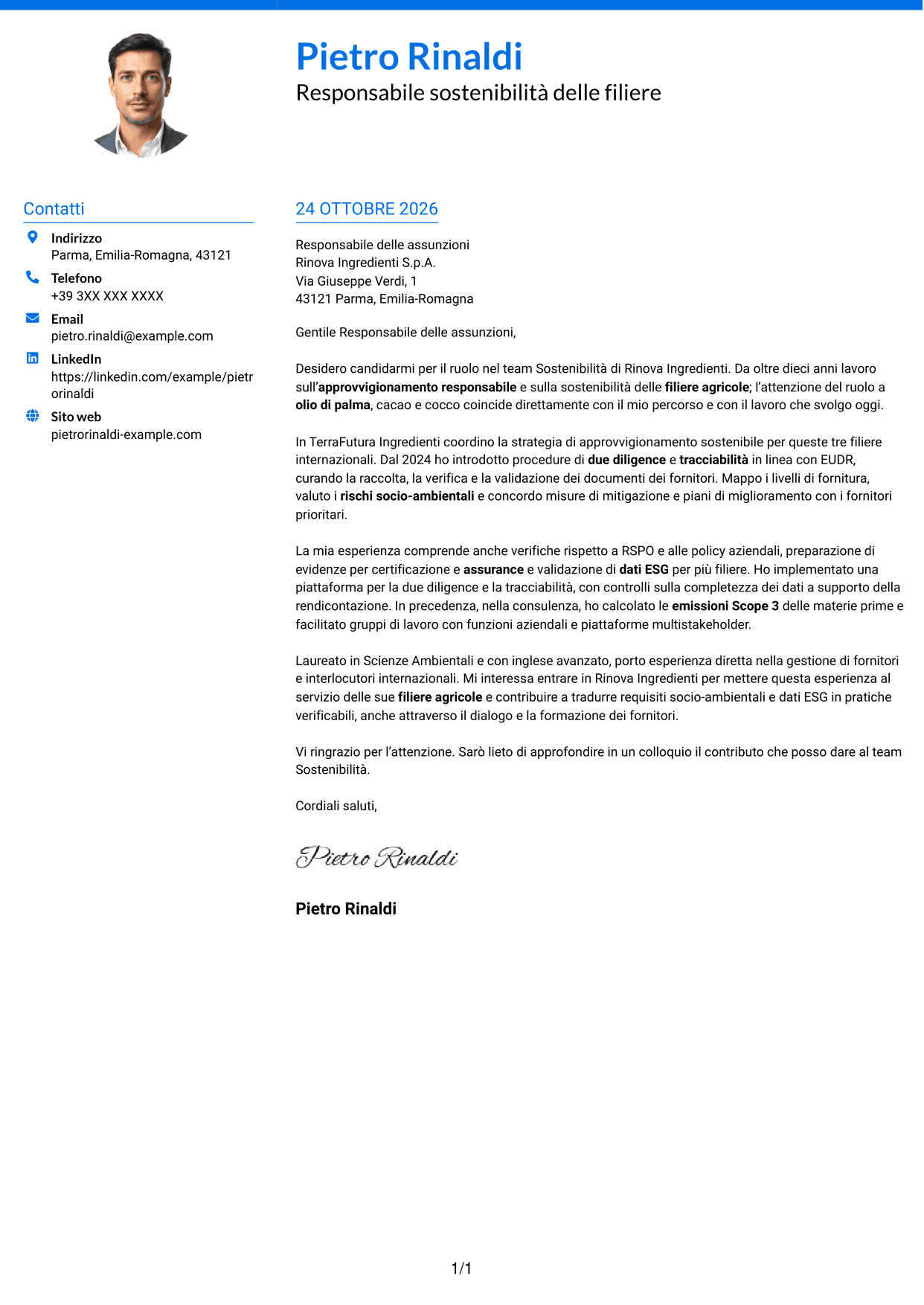 Lettera di presentazione Audace (formato a due colonne con accenti colorati e foto): Specialista in materie prime sostenibili e due diligence, pagina 1