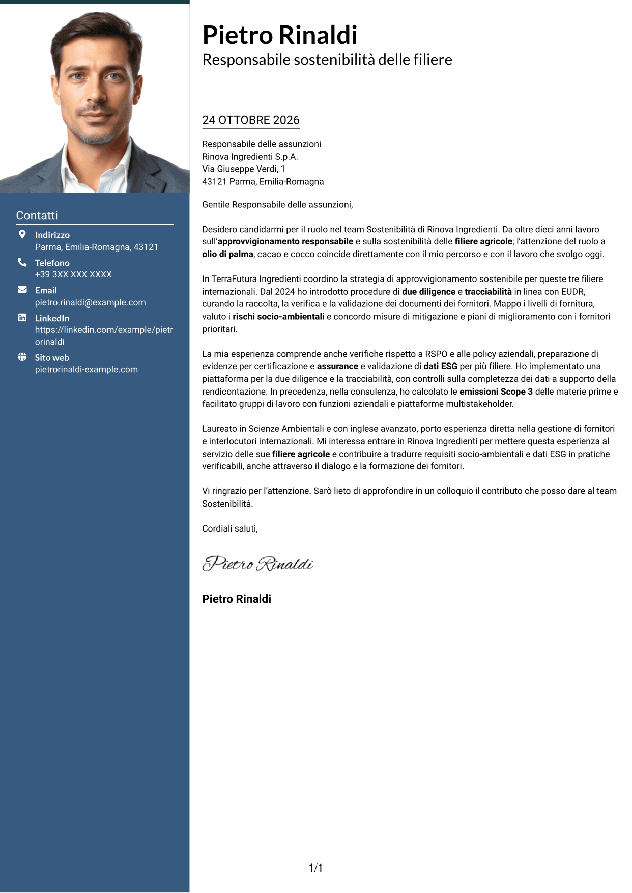 Lettera di presentazione Signature (formato con colonna laterale colorata e foto grande): Specialista in materie prime sostenibili e due diligence, pagina 1