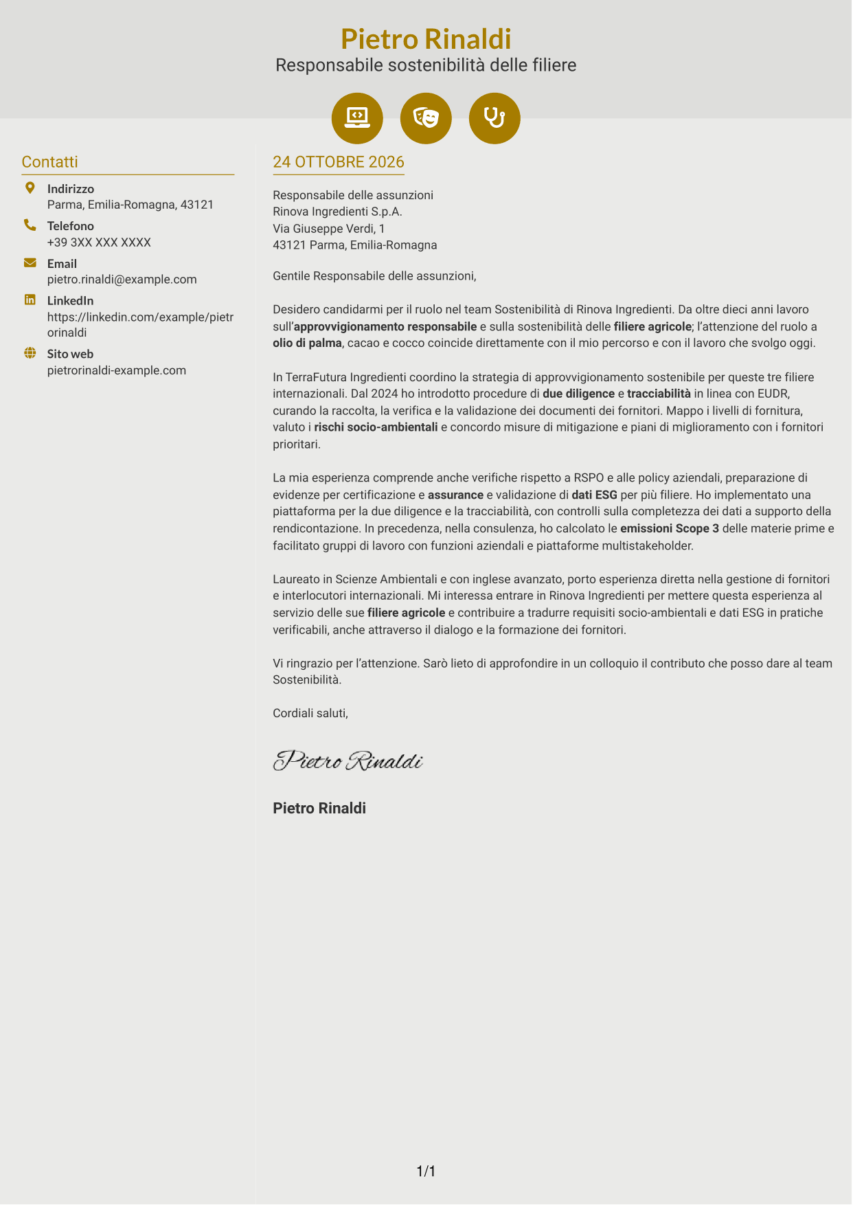 Lettera di presentazione Dinamico (formato a due colonne con icone): Specialista in materie prime sostenibili e due diligence, pagina 1