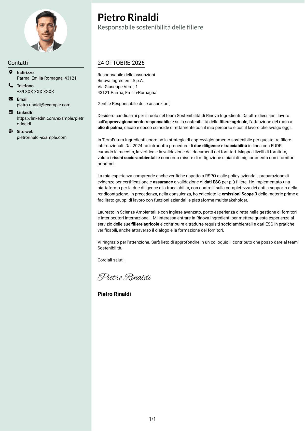 Lettera di presentazione Dirigente (formato con colonna laterale tenue e foto arrotondata): Specialista in materie prime sostenibili e due diligence, pagina 1