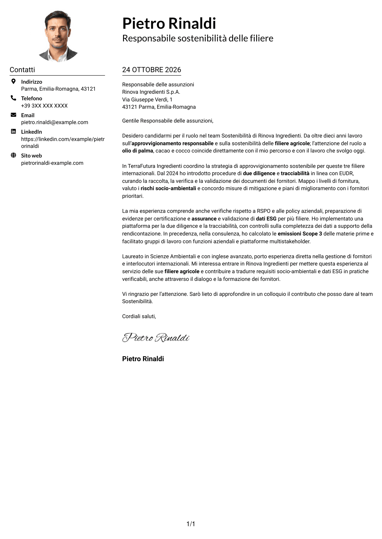 Esempio di lettera di presentazione — pagina 1