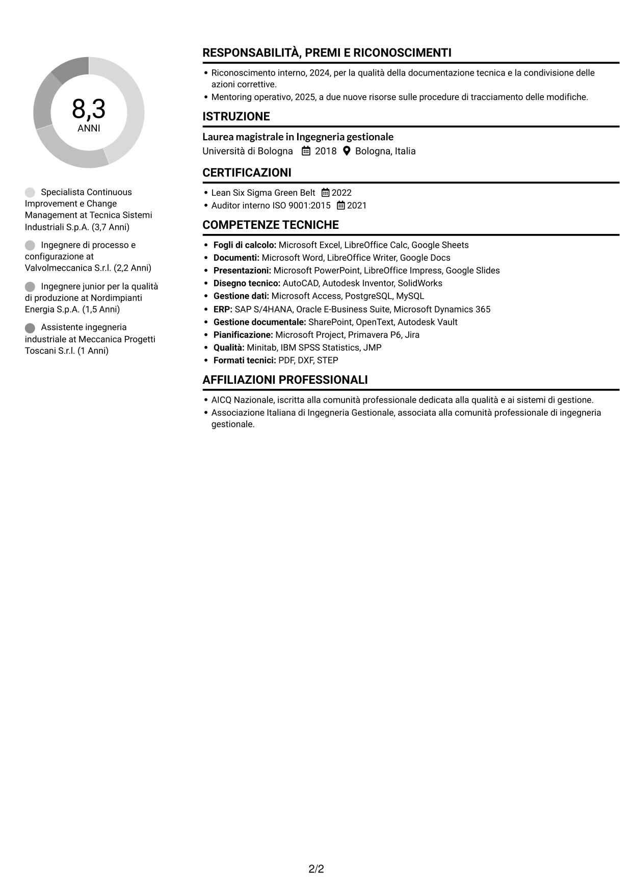 CV Compatto (formato sobrio a due colonne con foto): Specialista in miglioramento continuo e gestione delle modifiche ingegneristiche, pagina 2