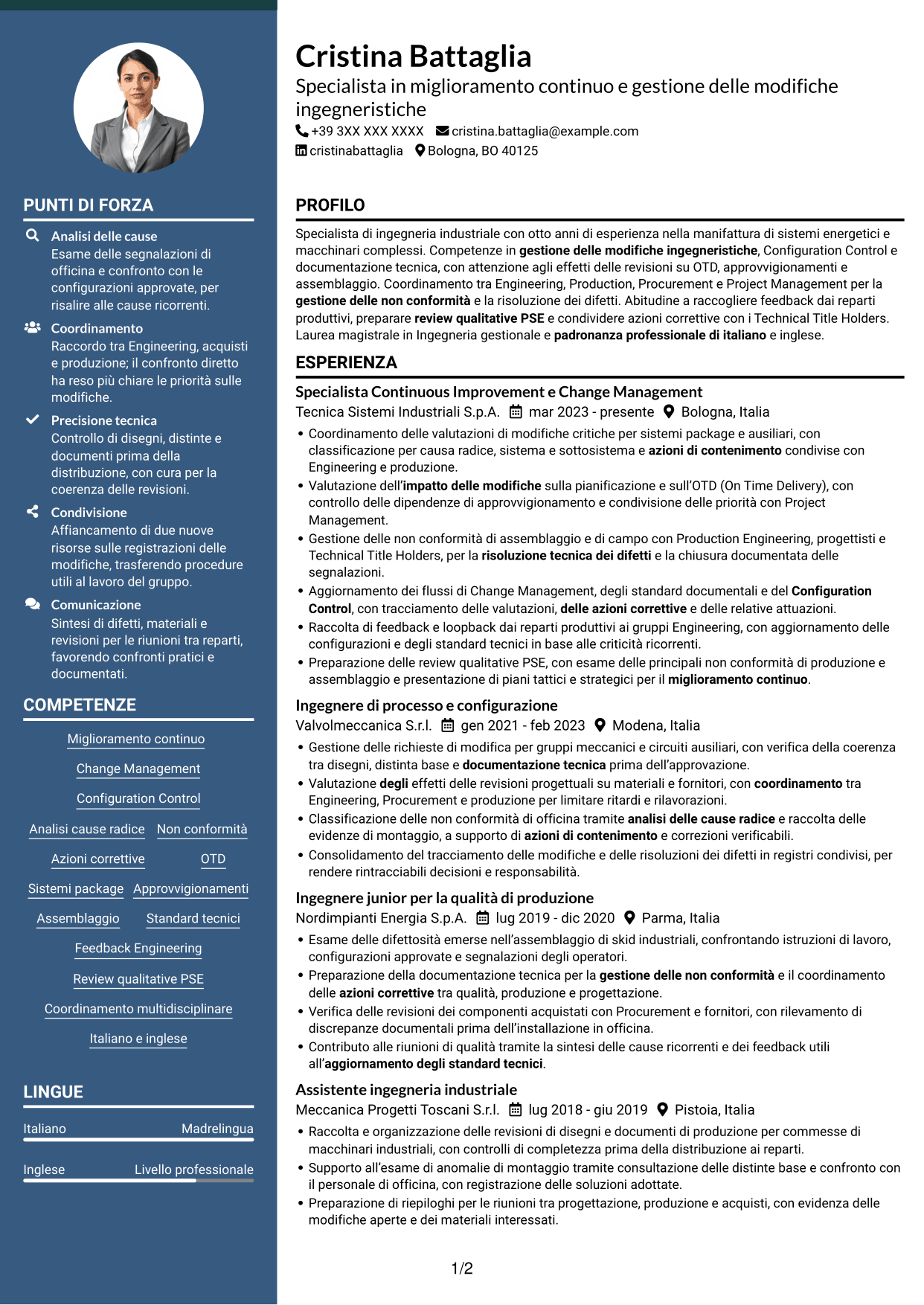 CV Elegante (formato con colonna laterale colorata e foto): Specialista in miglioramento continuo e gestione delle modifiche ingegneristiche, pagina 1