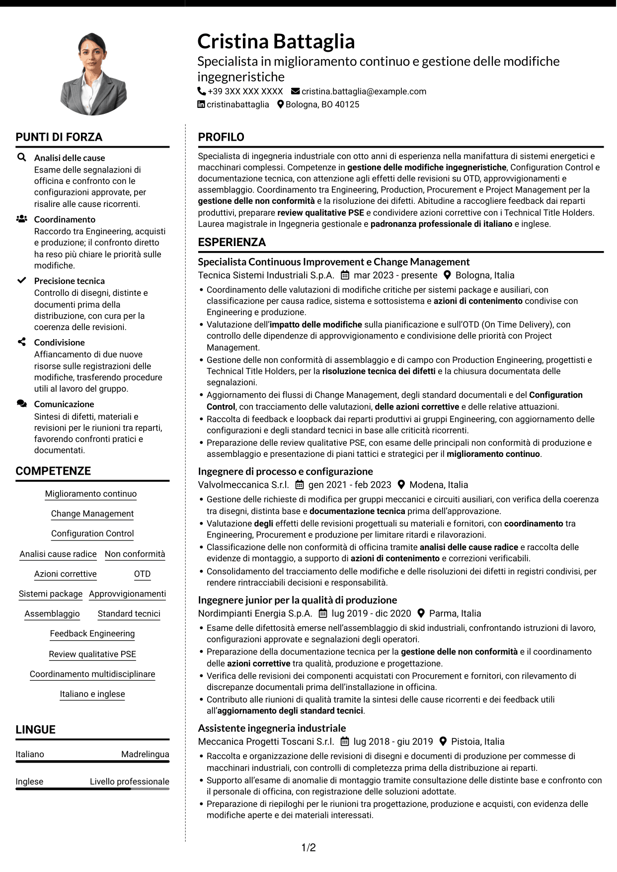 CV Moderno (formato a due colonne con foto a sinistra e separatore): Specialista in miglioramento continuo e gestione delle modifiche ingegneristiche, pagina 1