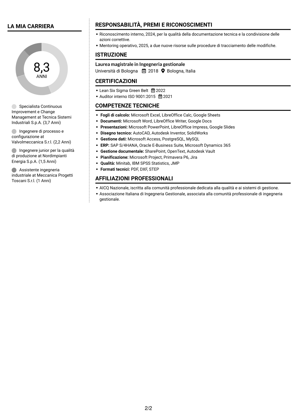 CV Moderno (formato a due colonne con foto a sinistra e separatore): Specialista in miglioramento continuo e gestione delle modifiche ingegneristiche, pagina 2