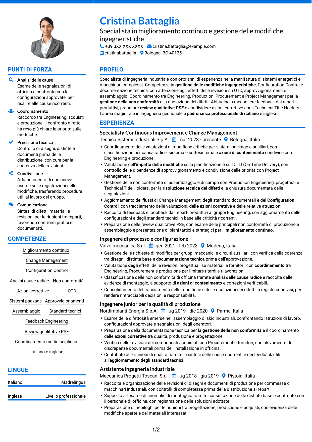 CV Audace (formato a due colonne con accenti colorati e foto): Specialista in miglioramento continuo e gestione delle modifiche ingegneristiche, pagina 1