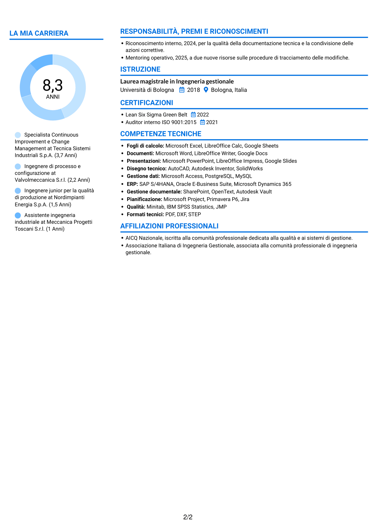 CV Audace (formato a due colonne con accenti colorati e foto): Specialista in miglioramento continuo e gestione delle modifiche ingegneristiche, pagina 2