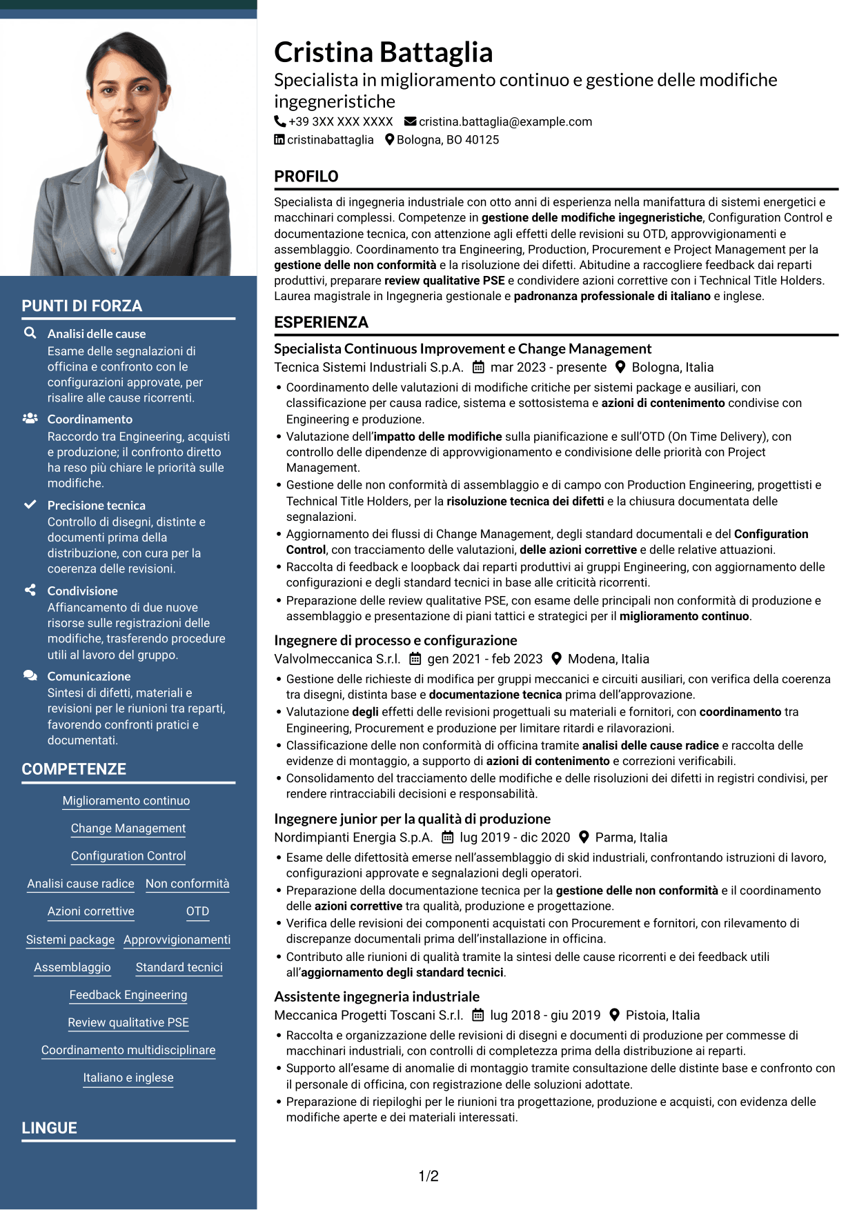 CV Signature (formato con colonna laterale colorata e foto grande): Specialista in miglioramento continuo e gestione delle modifiche ingegneristiche, pagina 1