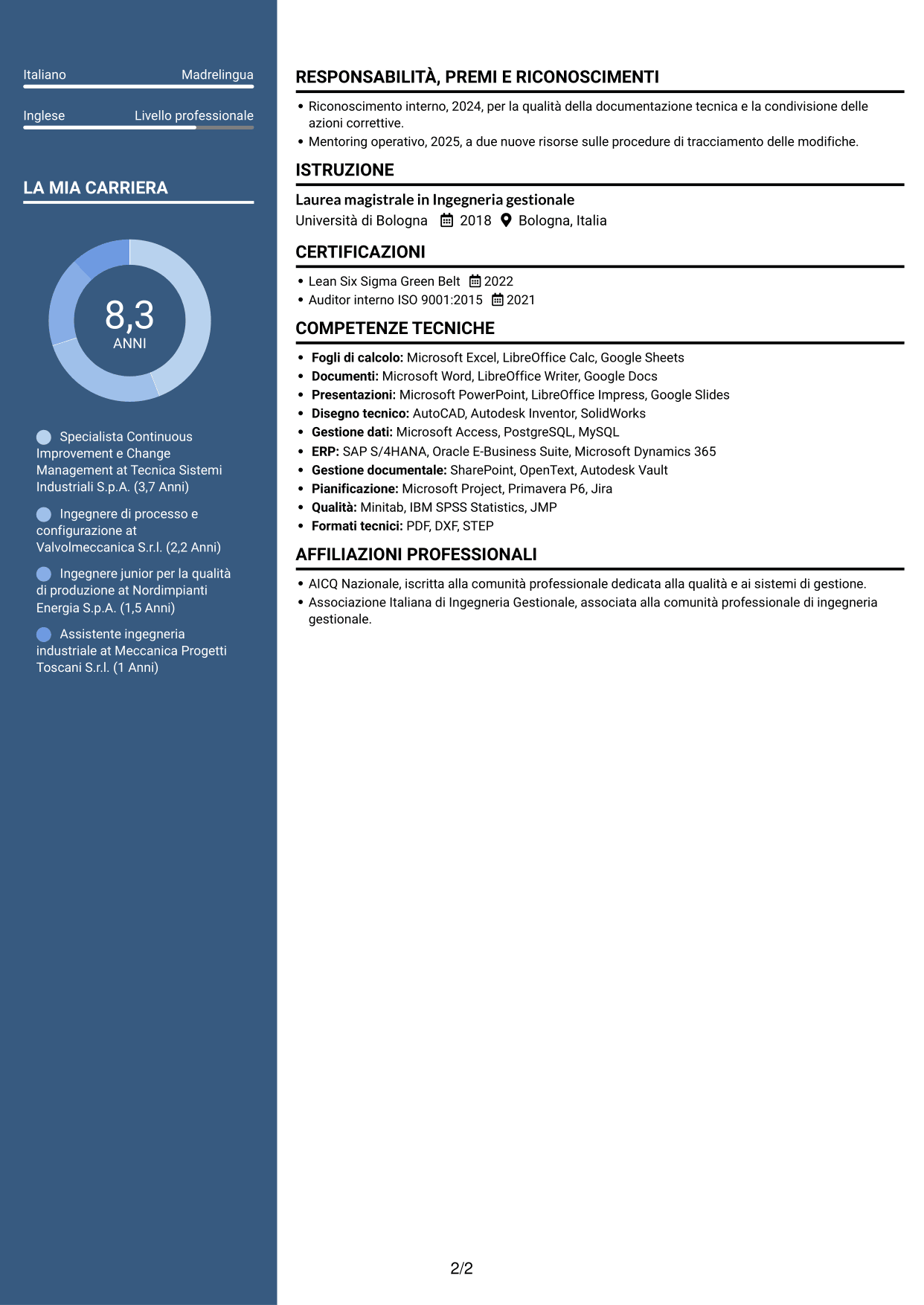 CV Signature (formato con colonna laterale colorata e foto grande): Specialista in miglioramento continuo e gestione delle modifiche ingegneristiche, pagina 2