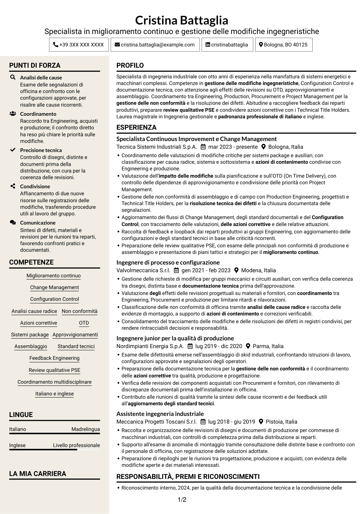 CV Intraprendente (formato a due colonne con intestazione centrata senza foto): Specialista in miglioramento continuo e gestione delle modifiche ingegneristiche, pagina 1