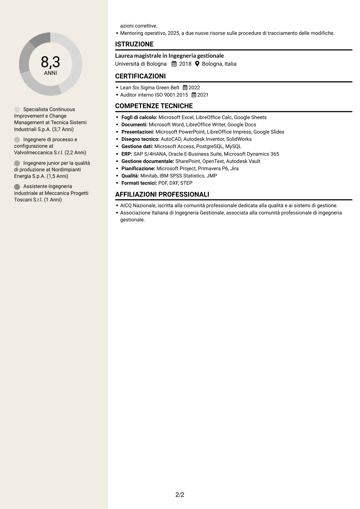 CV Intraprendente (formato a due colonne con intestazione centrata senza foto): Specialista in miglioramento continuo e gestione delle modifiche ingegneristiche, pagina 2