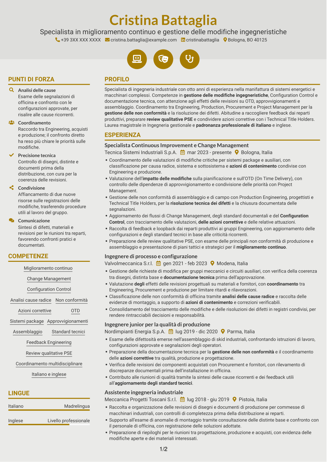 CV Dinamico (formato a due colonne con icone): Specialista in miglioramento continuo e gestione delle modifiche ingegneristiche, pagina 1