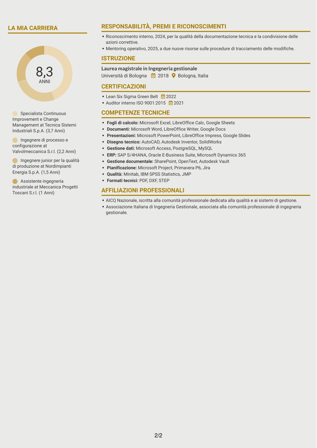 CV Dinamico (formato a due colonne con icone): Specialista in miglioramento continuo e gestione delle modifiche ingegneristiche, pagina 2