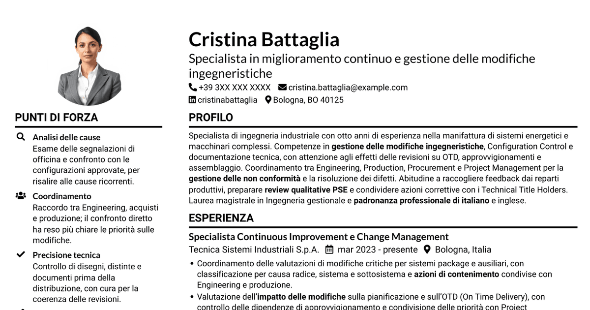 7 modelli di CV per Specialista in miglioramento continuo e gestione delle modifiche ingegneristiche, con esempi