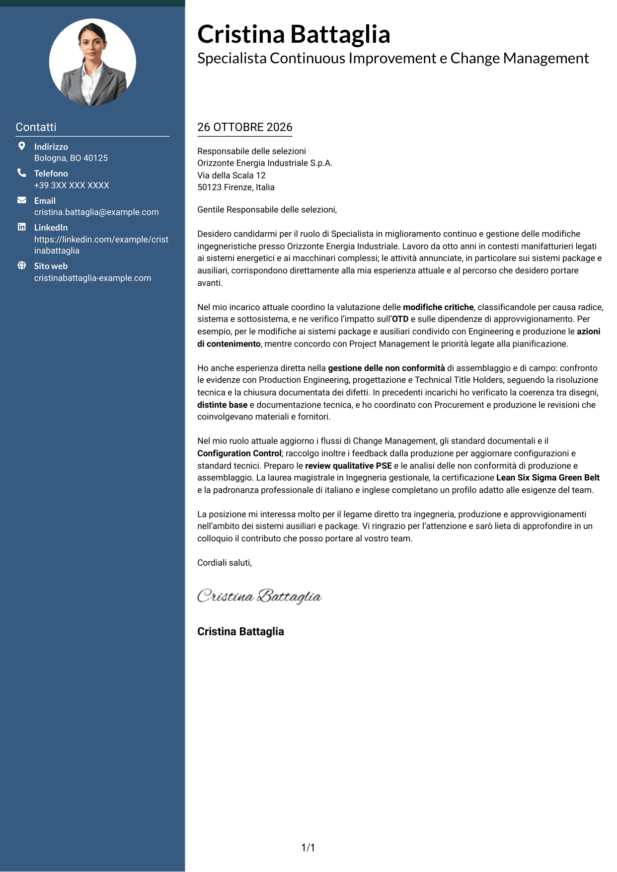 Lettera di presentazione Elegante (formato con colonna laterale colorata e foto): Specialista in miglioramento continuo e gestione delle modifiche ingegneristiche, pagina 1